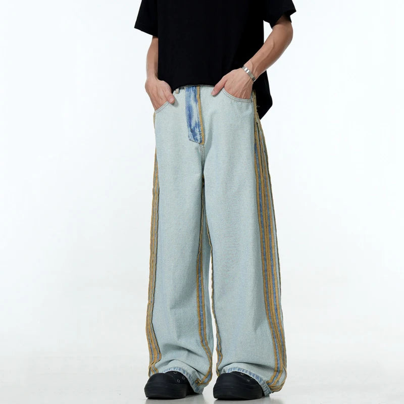 Men's American Wide Leg Jeans with Side Stripes - Solid Color Washed Denim Pants with Zipper Pockets | Straight Cylinder Fit for Winter 2024 | Casual Streetwear, Office Style & Everyday Comfort