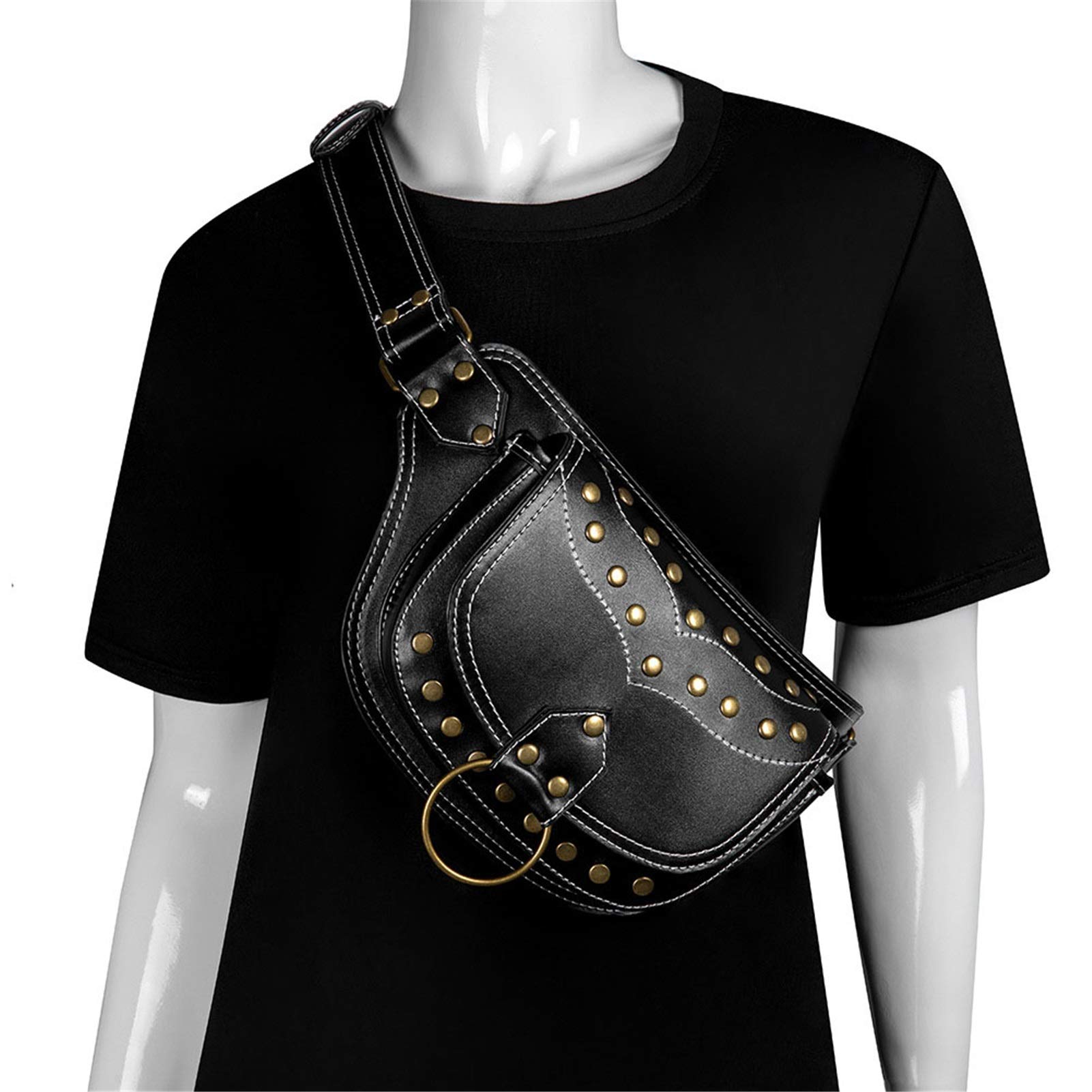 **Steampunk Leather Waist Bag - Gothic Messenger Crossbody Purse with Thigh Holster - Retro Punk Rock Style (Black, One Size) - Perfect for Concerts, Festivals & Casual Outfits**