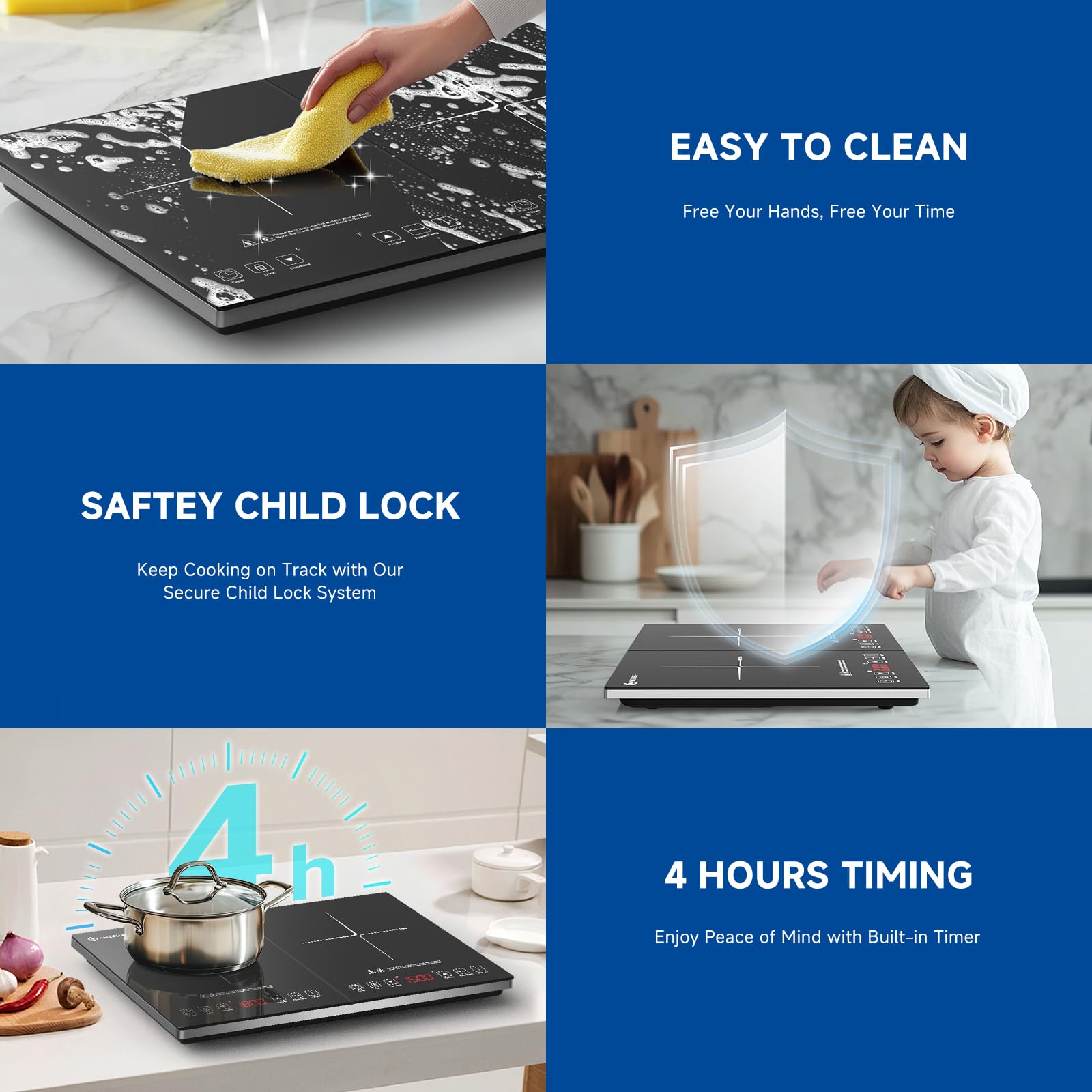AMZCHEF Double Induction Cooktop - 2 Burner Electric Stove with 1800W Sensor Touch, 20 Temp & Power Levels, Independent Control, Low Noise, 3H Timer & Safety Lock - Perfect for Home Kitchen, Dorm Cooking & RV Use