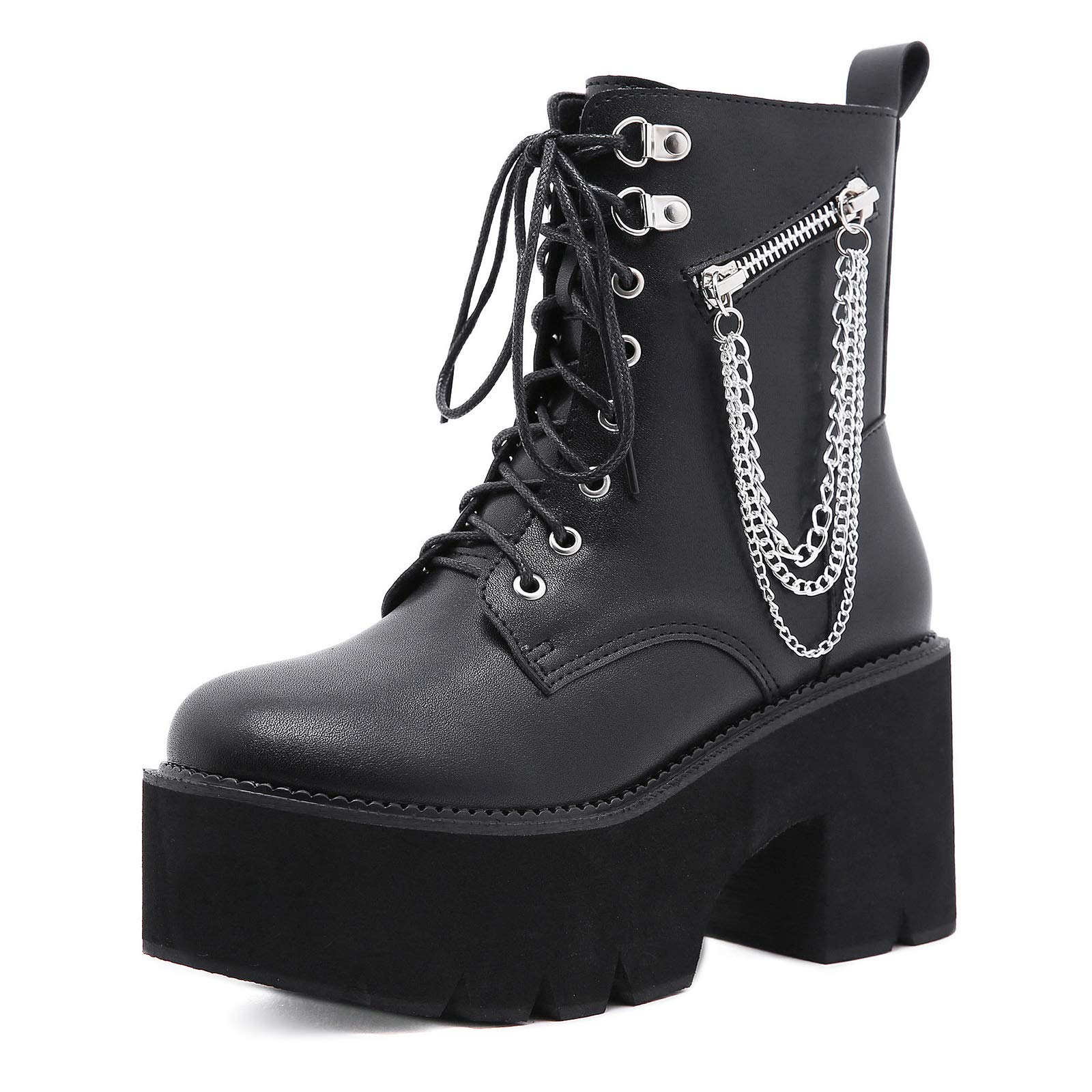 CYNLLIO Women's Fashion Block Heel Platform Combat Ankle Boots - Lace Up Studded Motorcycle Boots for Women, Mid Calf Boots with Chunky Heel - Perfect for Casual Outfits, Night Out, and Biker Style