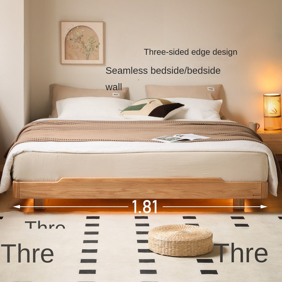 Solid Oak Wood Floating Platform Bed - No Headboard Modern Minimalist Bed Frame with LED Lights for Bedroom, Guest Room, or Studio Apartment