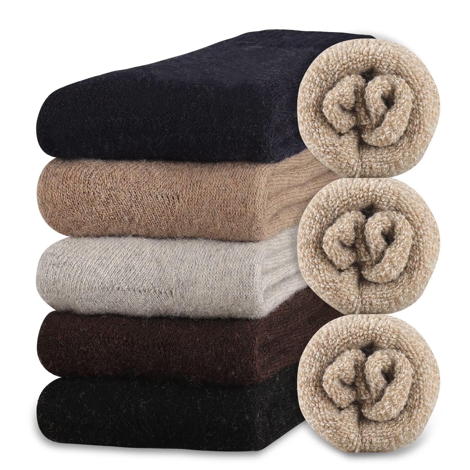 Heatuff Men's Winter Wool Socks - Warm, Soft & Cushioned Crew Socks for Cold Weather (5 Pairs) - Perfect for Hiking, Skiing & Outdoor Activities