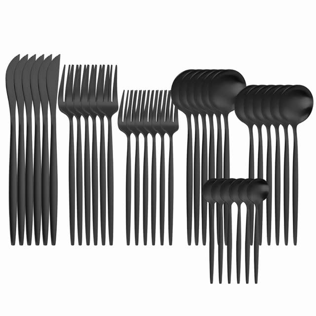 Premium Mirror Black Stainless Steel Silverware Set - 36-Piece Cutlery Set with Forks, Knives & Spoons - Eco-Friendly Matte Black Dinnerware for Restaurants, Weddings & Upscale Dining