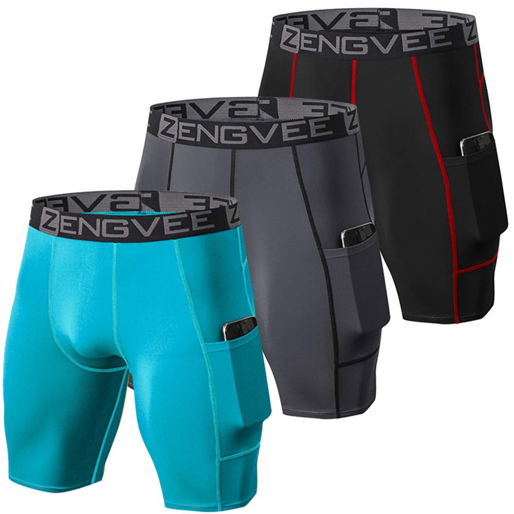 ZENGVEE Men's 3-Pack Compression Shorts with Pockets - Breathable Workout Shorts for Running, Gym, Yoga, Cycling, Swimming & Climbing | Perfect for Training, Sports & Outdoor Activities