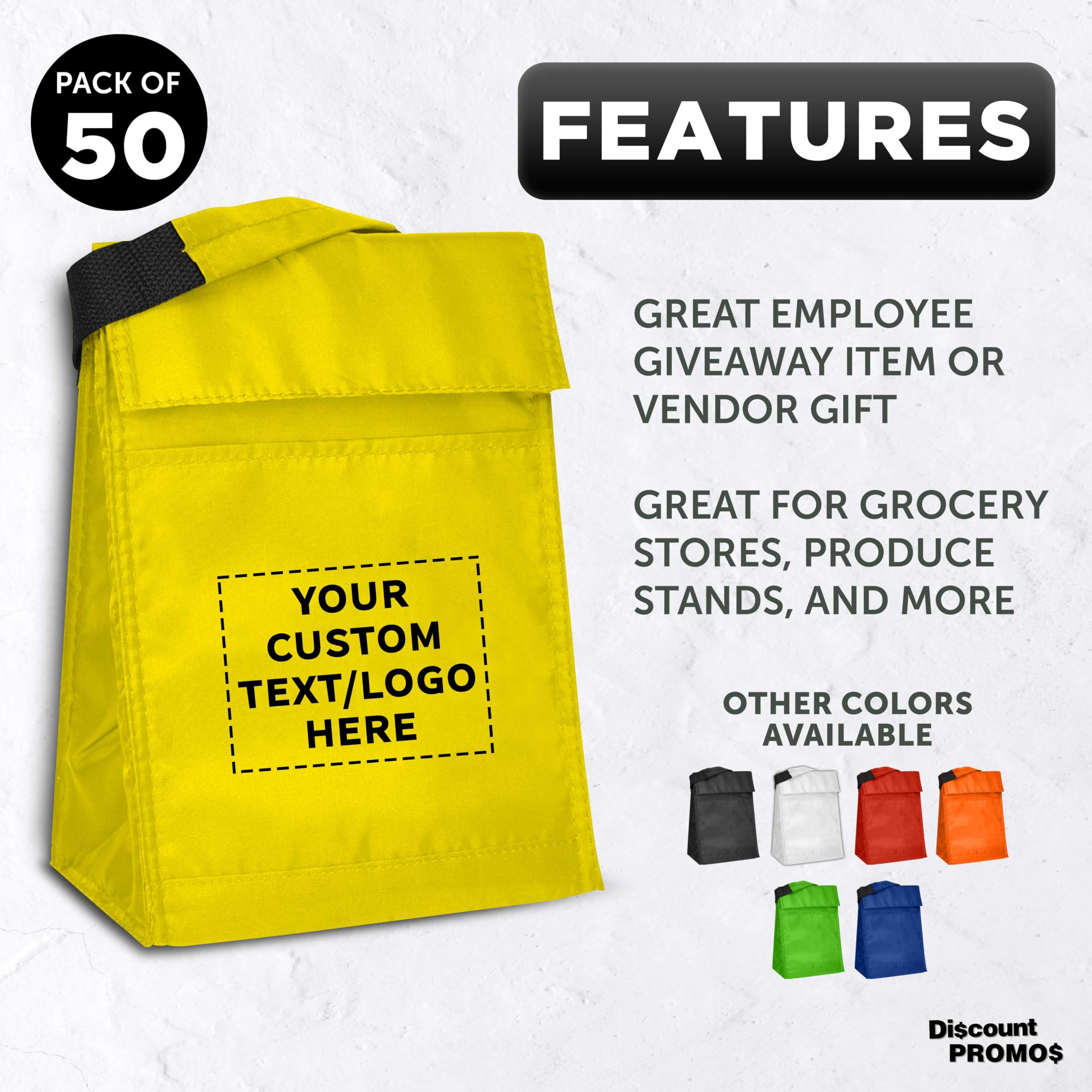 50-Pack Customizable Hook & Loop Insulated Lunch Bags - Durable Polyester Reusable Food Containers with Vibrant Yellow Color - Perfect for School, Office & Picnic Lunch Storage