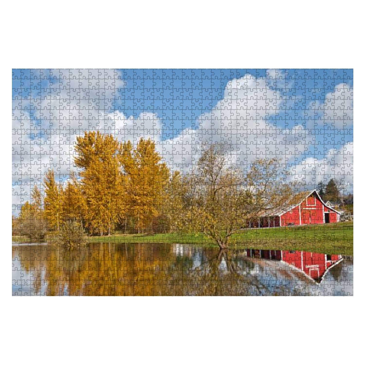 1000 Piece Wooden Jigsaw Puzzle - Autumn Red Barn & Fall Foliage Reflection in Pond | Educational Puzzle for Adults & Kids | Stress Relief Game | Perfect for Family Game Night, Classroom Activities & Relaxation Therapy