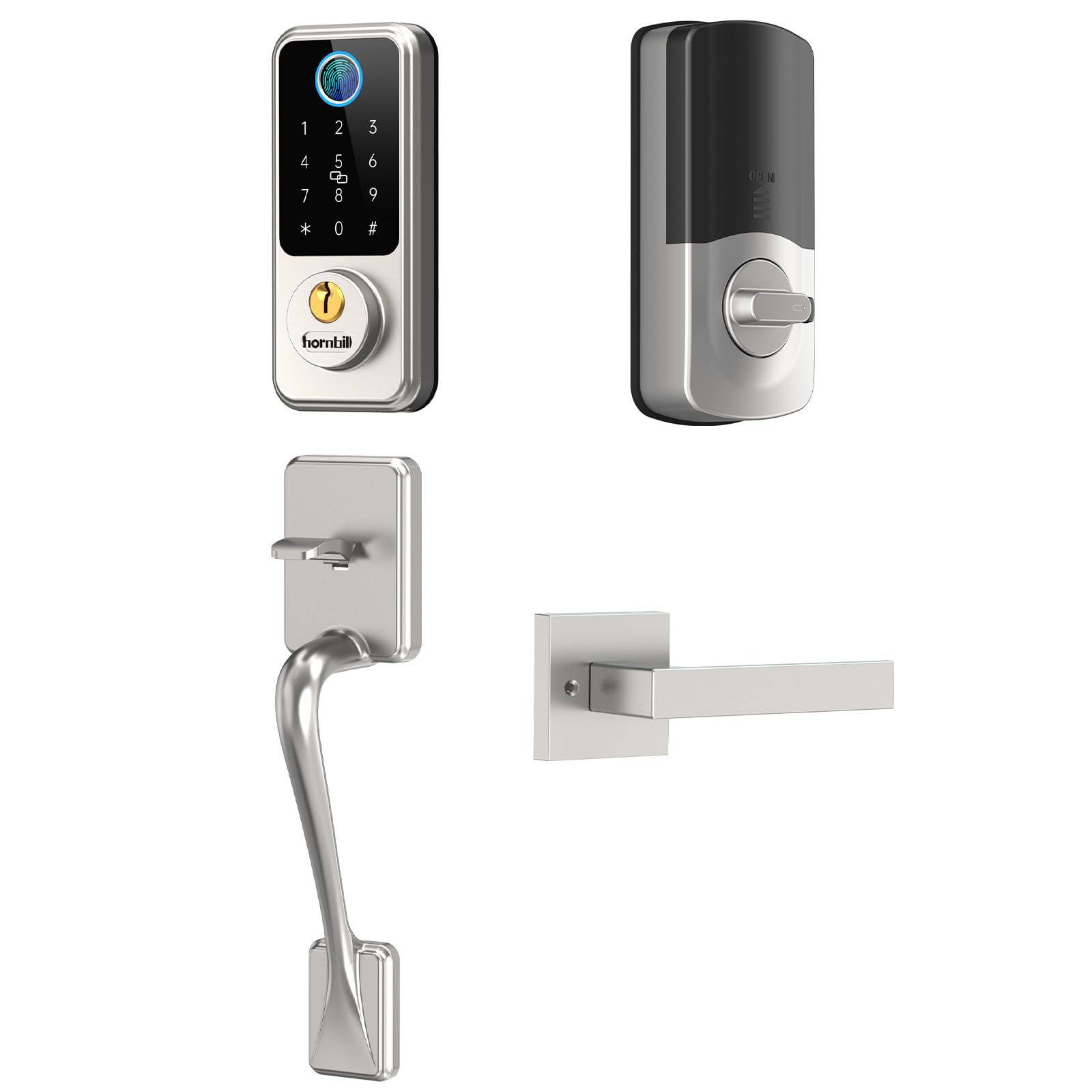 Hornbill Biometric Fingerprint Smart Lock with Front Door Handle Set - Keyless Entry Smart Door Lock with Keypad & Bluetooth - 8-in-1 Smart Deadbolt for Home Security - Auto Lock Digital Smart Door Lock for Front Door, Apartment & Office Access
