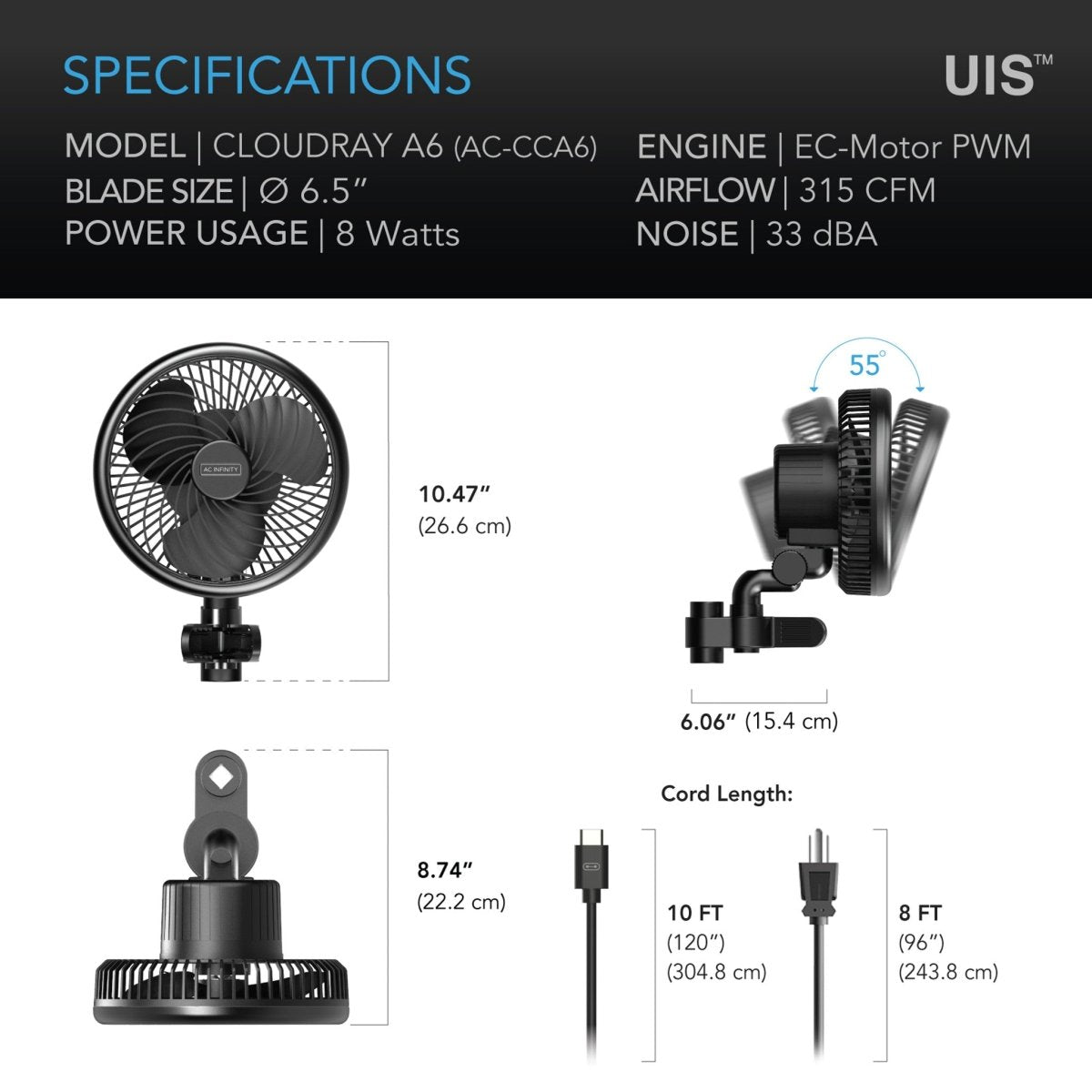 AC Infinity CLOUDRAY A6 6-Inch Clip Fan with Manual Swivel - Quiet Oscillating Grow Tent Fan for Hydroponics, Indoor Gardening & Greenhouse Ventilation