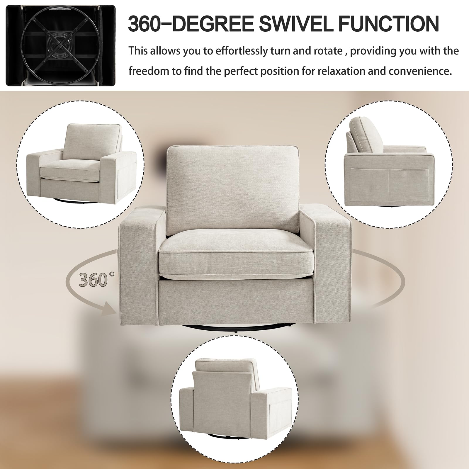 Comfy Swivel Accent Chair for Living Room - Soft & Breathable Padded Single Sofa Chair with Extra Wide Armrests, Washable Detachable Cover (Beige) - Perfect for Reading Nooks, Small Spaces & Home Offices