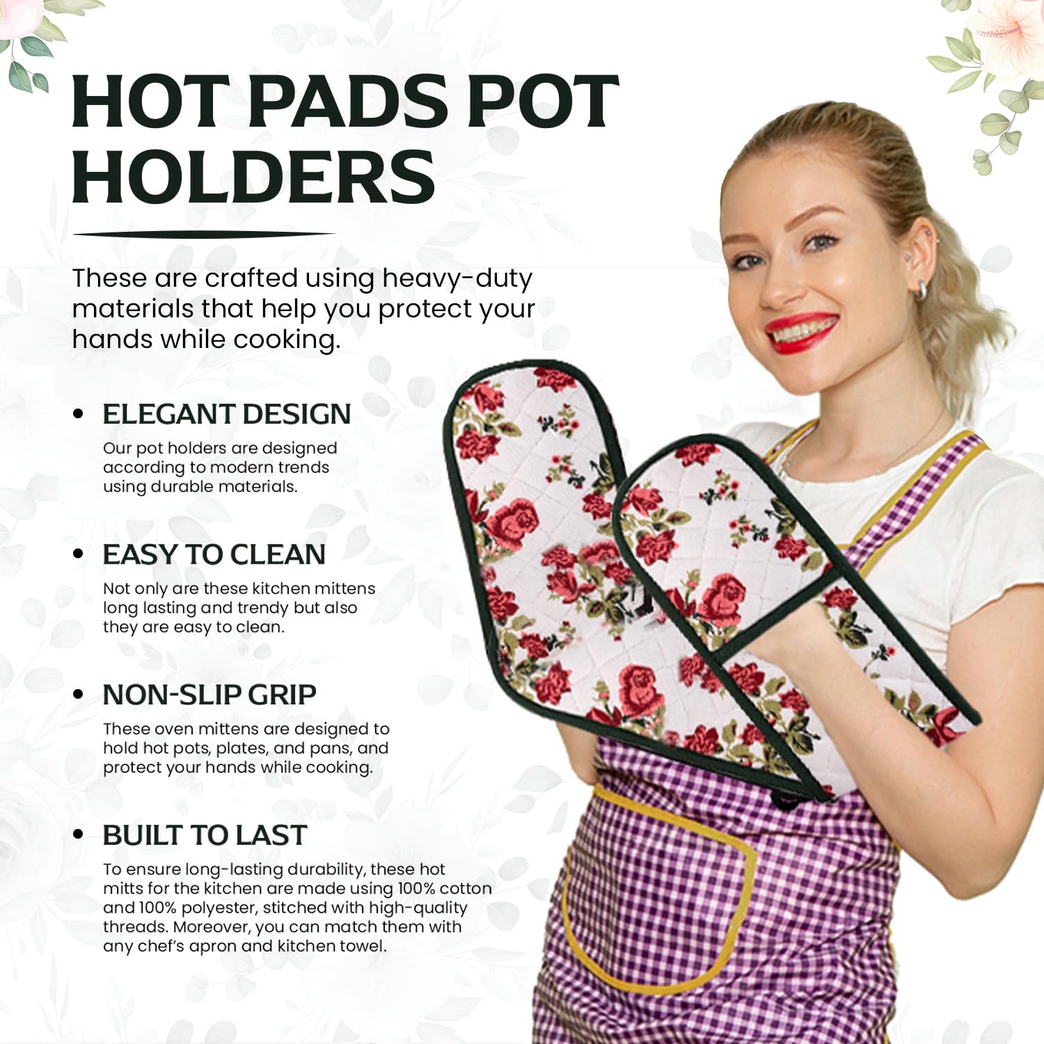 Heat Resistant Double Oven Mitts - Extra Long & Thick Quilted Cotton Gloves with Pretty Red Rose Pattern - Perfect for BBQ, Baking, Cooking & Kitchen Safety (1 Piece)
