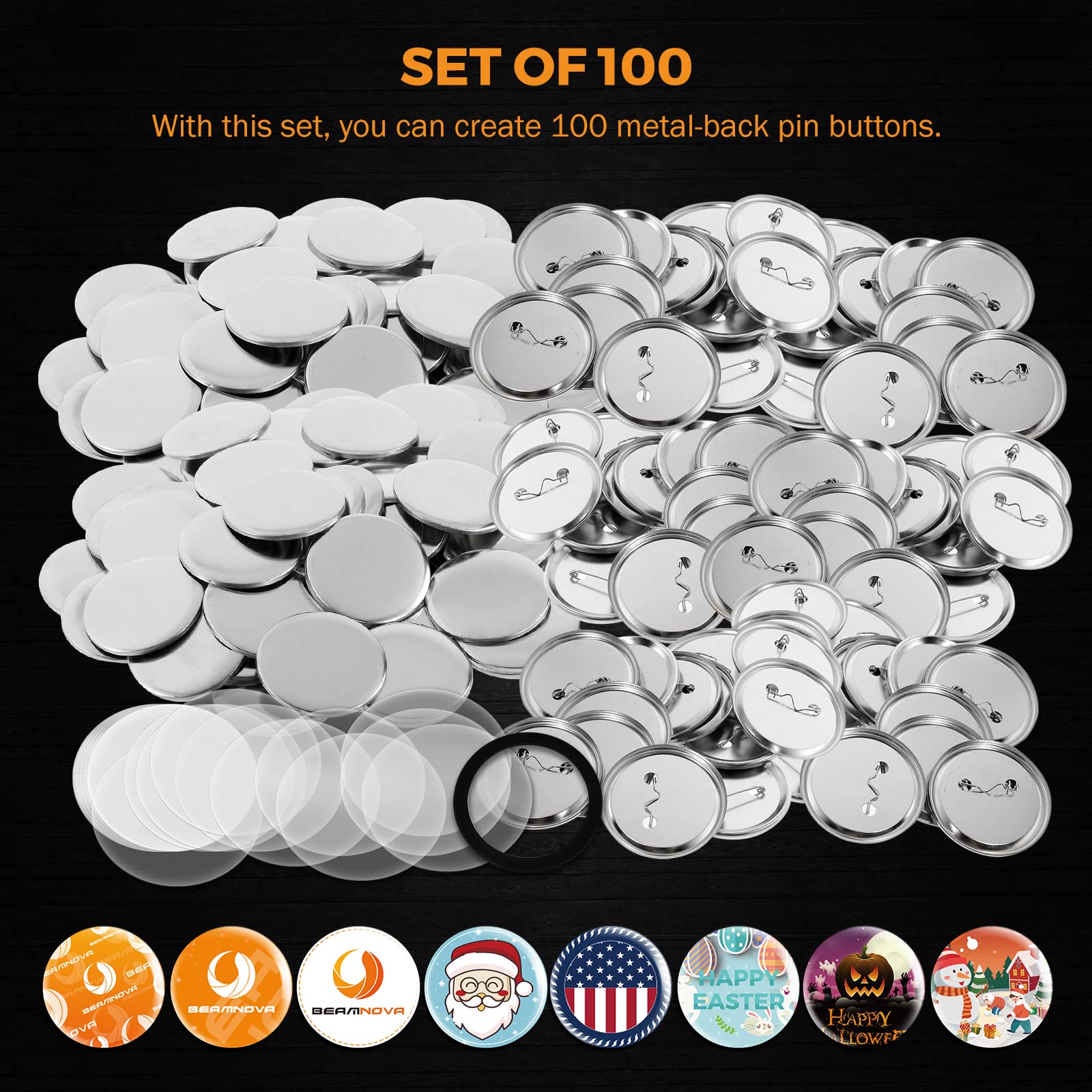 BEAMNOVA 100 Sets of 75mm (3 Inch) Blank Metal Buttons for Button Maker Machine - DIY Pin Badge Making Supplies with Slick Metallic Back - Perfect for Crafts, DIY Projects, Promotional Events & Custom Pins