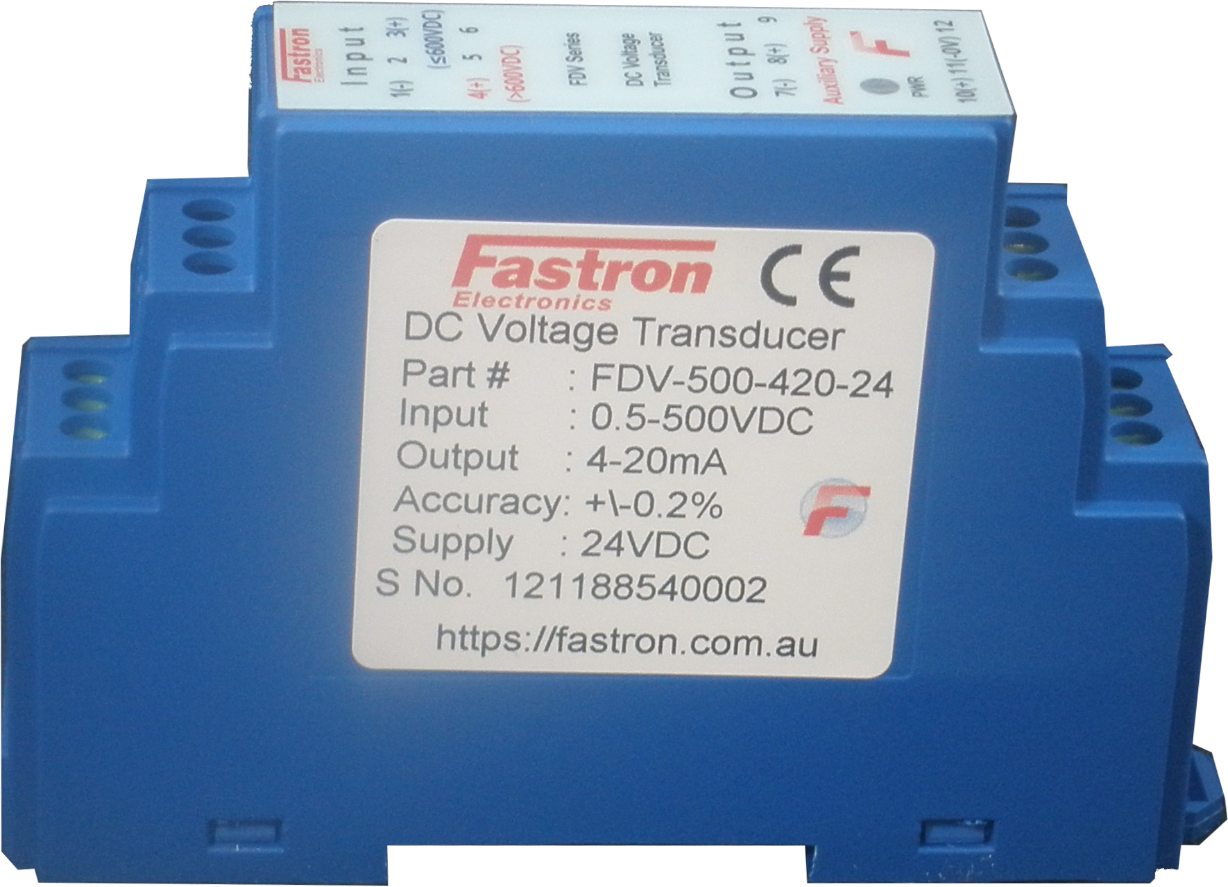 FDV 15 420 24 DIN Rail Mount Battery DC Voltage Transducer - 0-15VDC Input, 4-20mA Output, 24VDC Supply, 150ms Response - Ideal for Industrial Automation & Power Monitoring Systems