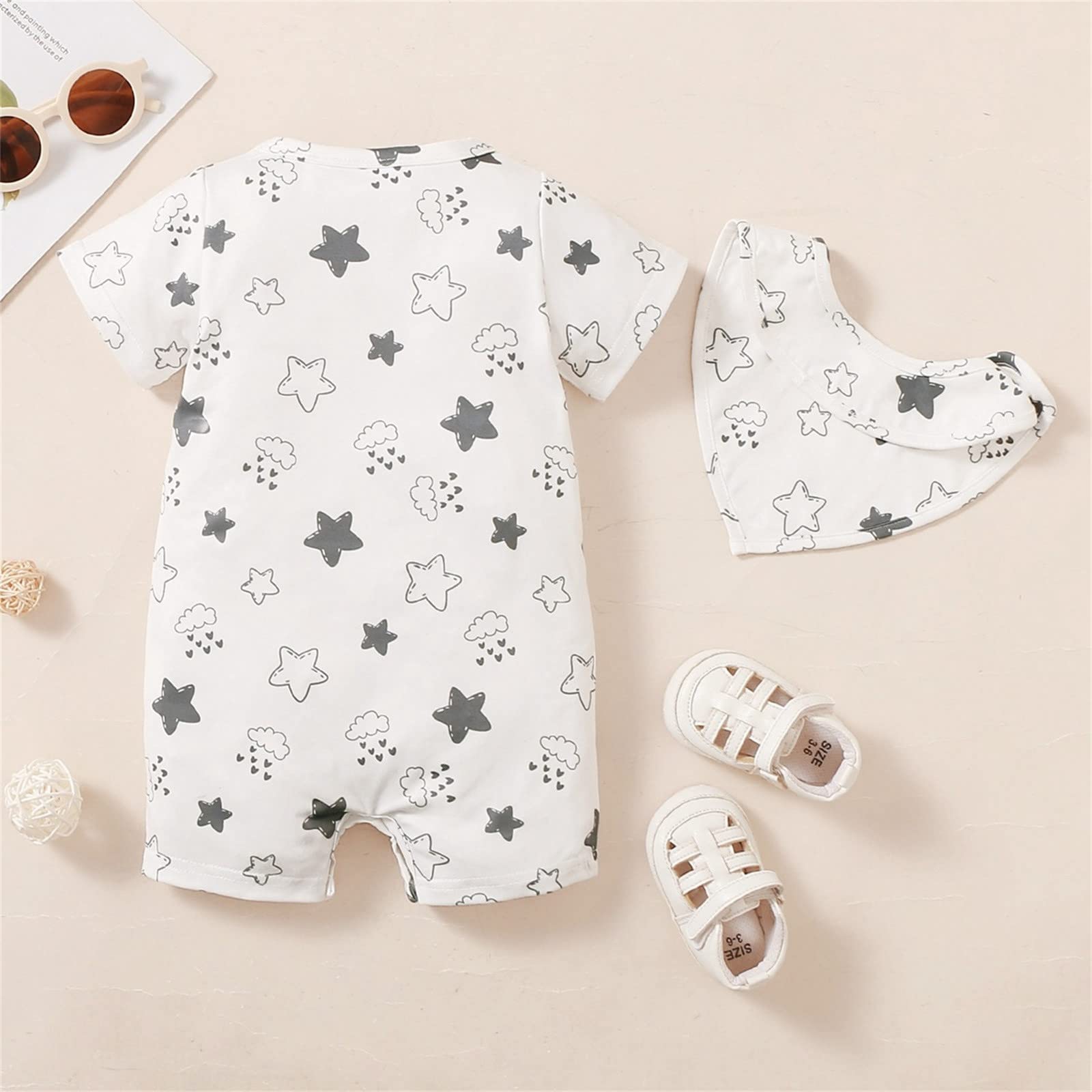 Toddler Girls & Boys Star Print Short Sleeve Romper Jumpsuit Set - Soft Cotton Baby Outfit for Playtime, Daycare & Family Photos