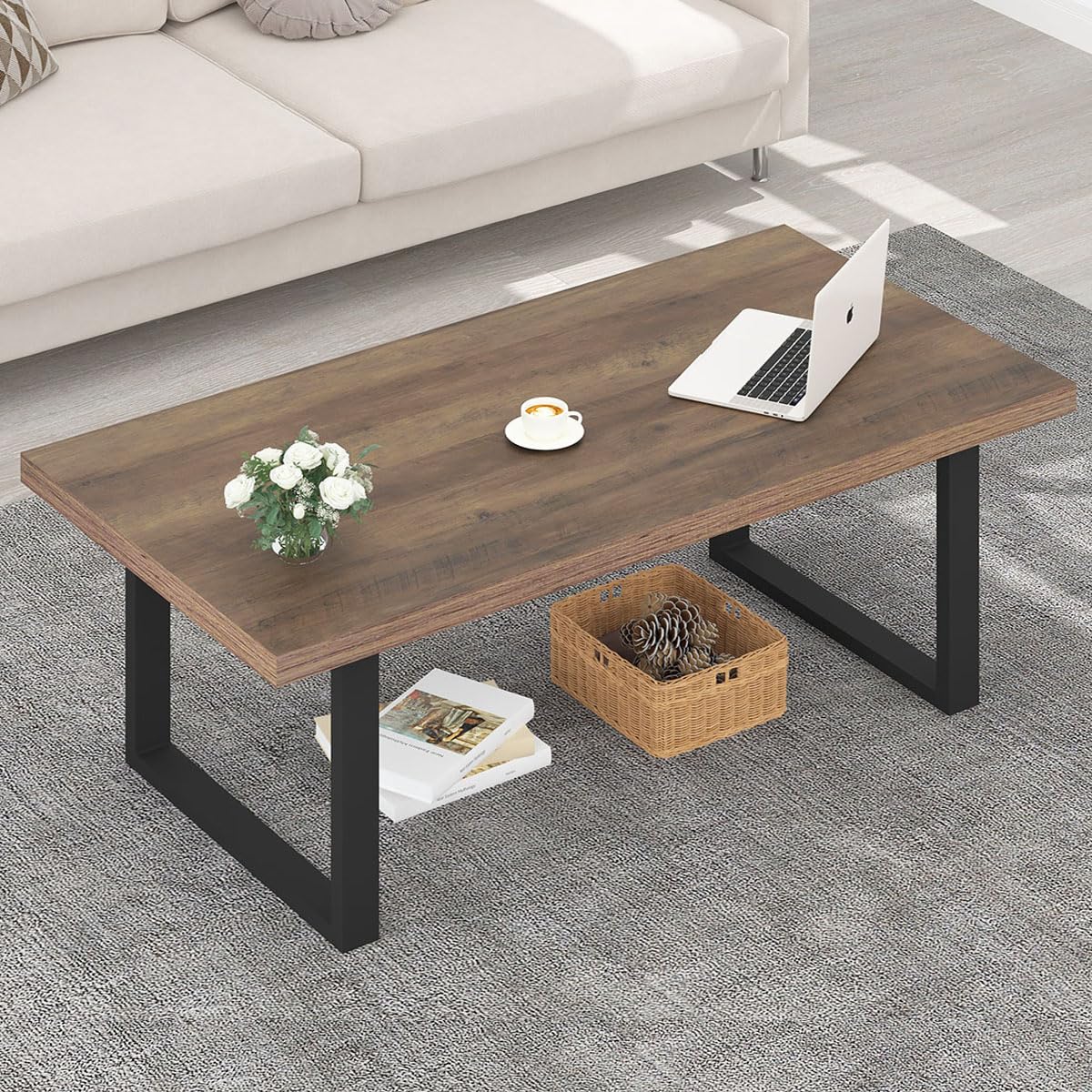 IBF Farmhouse Coffee Table - 47 Inch Modern Industrial Rectangle Center Table with Rustic Oak Finish, Wood & Metal Tea Table for Living Room, Bedroom, Office - Perfect for Cozy Gatherings & Home Decor