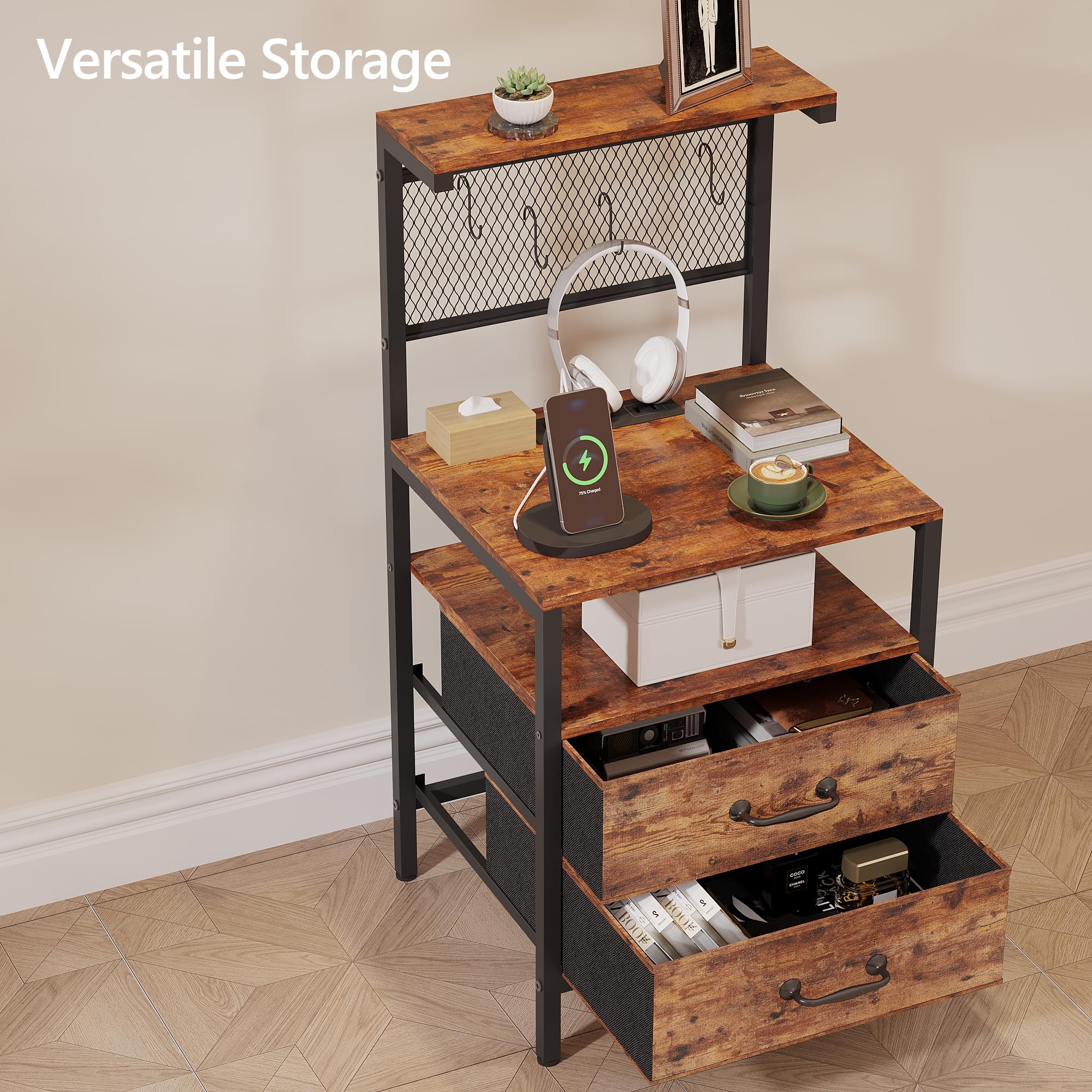 Rustic Brown Nightstand Set of 2 with Charging & LED Lights - Bedside Table with Storage for Bedroom