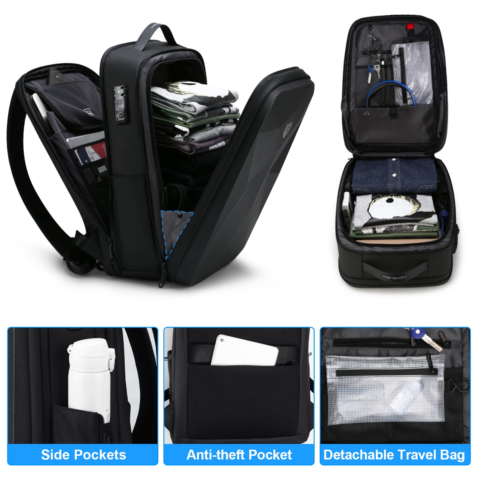 FENRUIEN 17 Inch Waterproof Anti-Theft Laptop Backpack for Men with USB C Charging Port - Hardshell Business Travel & Gaming Computer Bag (Black) - Perfect for Work, College, Commuting & Airplane Carry-On
