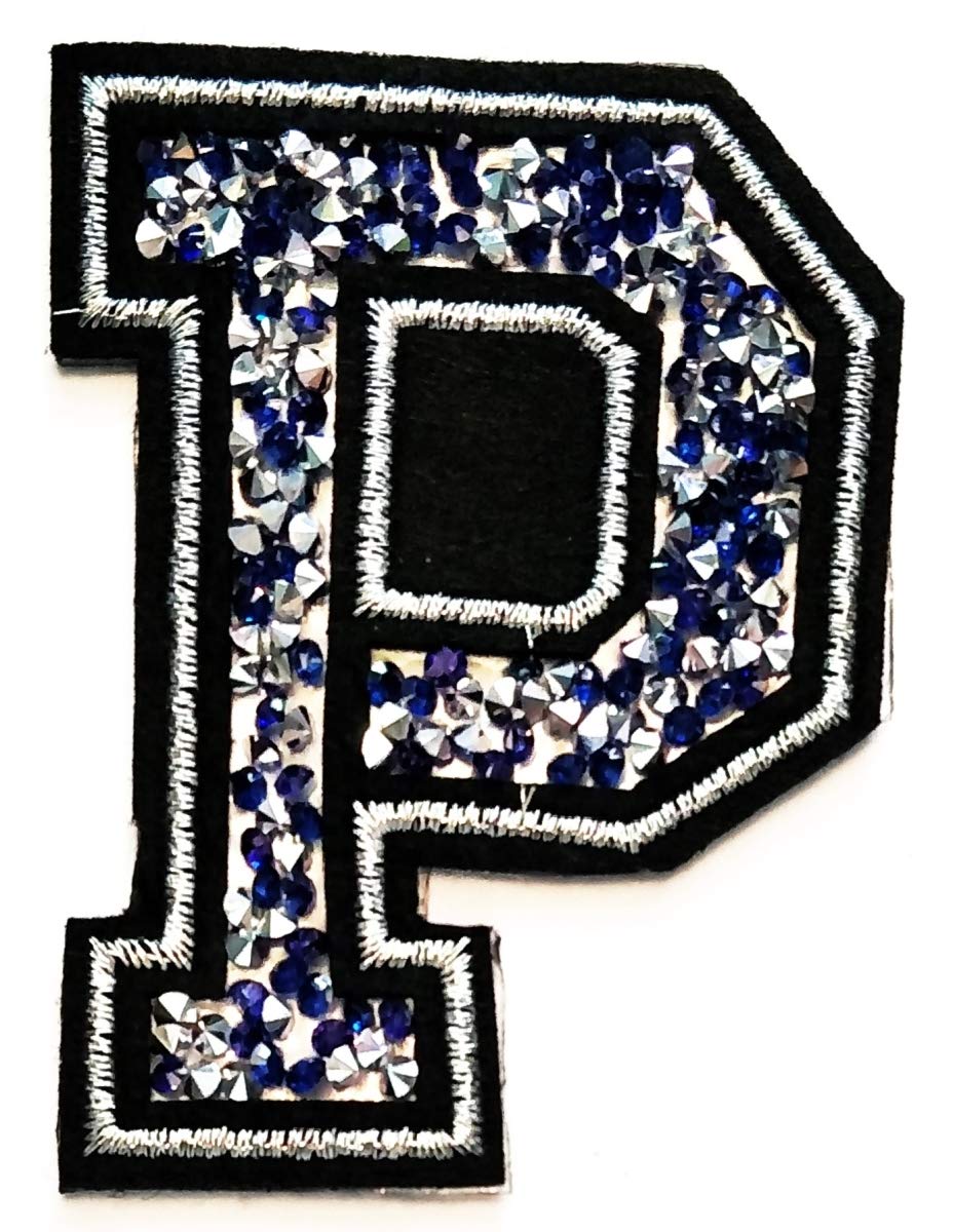 Blue Crystal Diamond Embroidered Letter P Iron On Patch - DIY Sewing Applique for Jackets, Bags, Hats - Cute School, Study & Birthday Gift Accessories (A-Z Alphabet Available)
