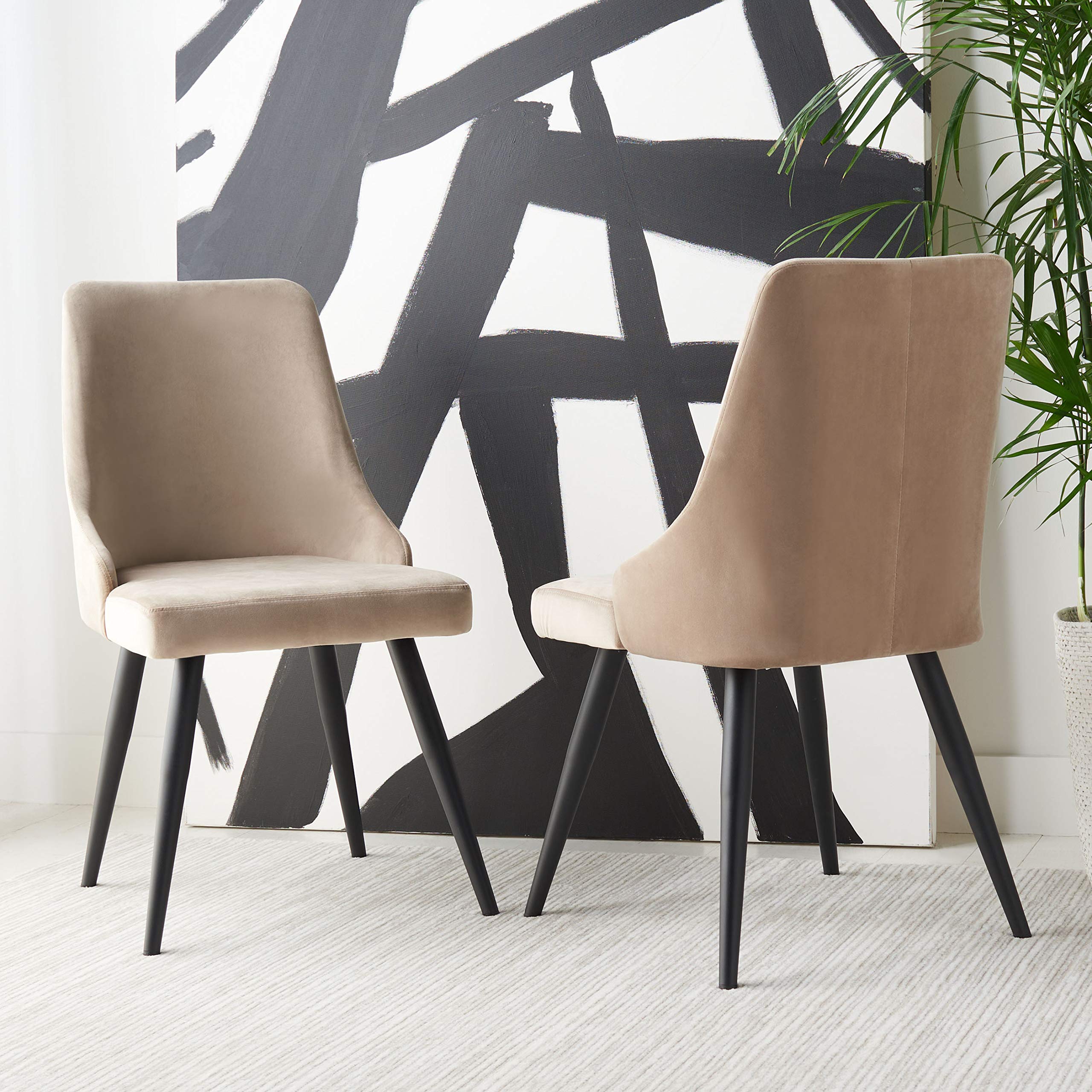 SAFAVIEH Zoi Velvet Dining Chairs Set of 2 - 19 Inch Modern Upholstered Side Chairs for Kitchen, Dining Room & Office - Taupe & Black Velvet Fabric Seating
