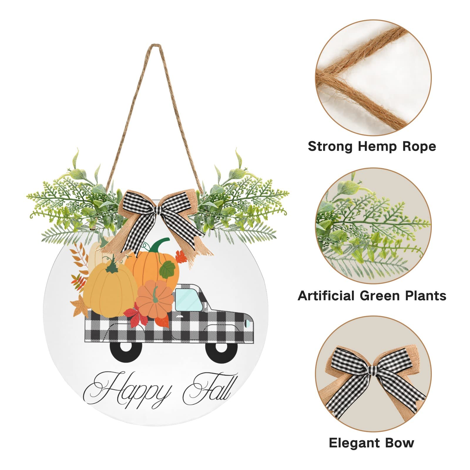 Hello Fall Truck Front Door Round Wood Sign - Rustic Farmhouse Decor with Pumpkins & Buffalo Plaid - Seasonal Porch Hanging, Wall Decoration & Housewarming Gift for Autumn, Thanksgiving & Holiday Decorating