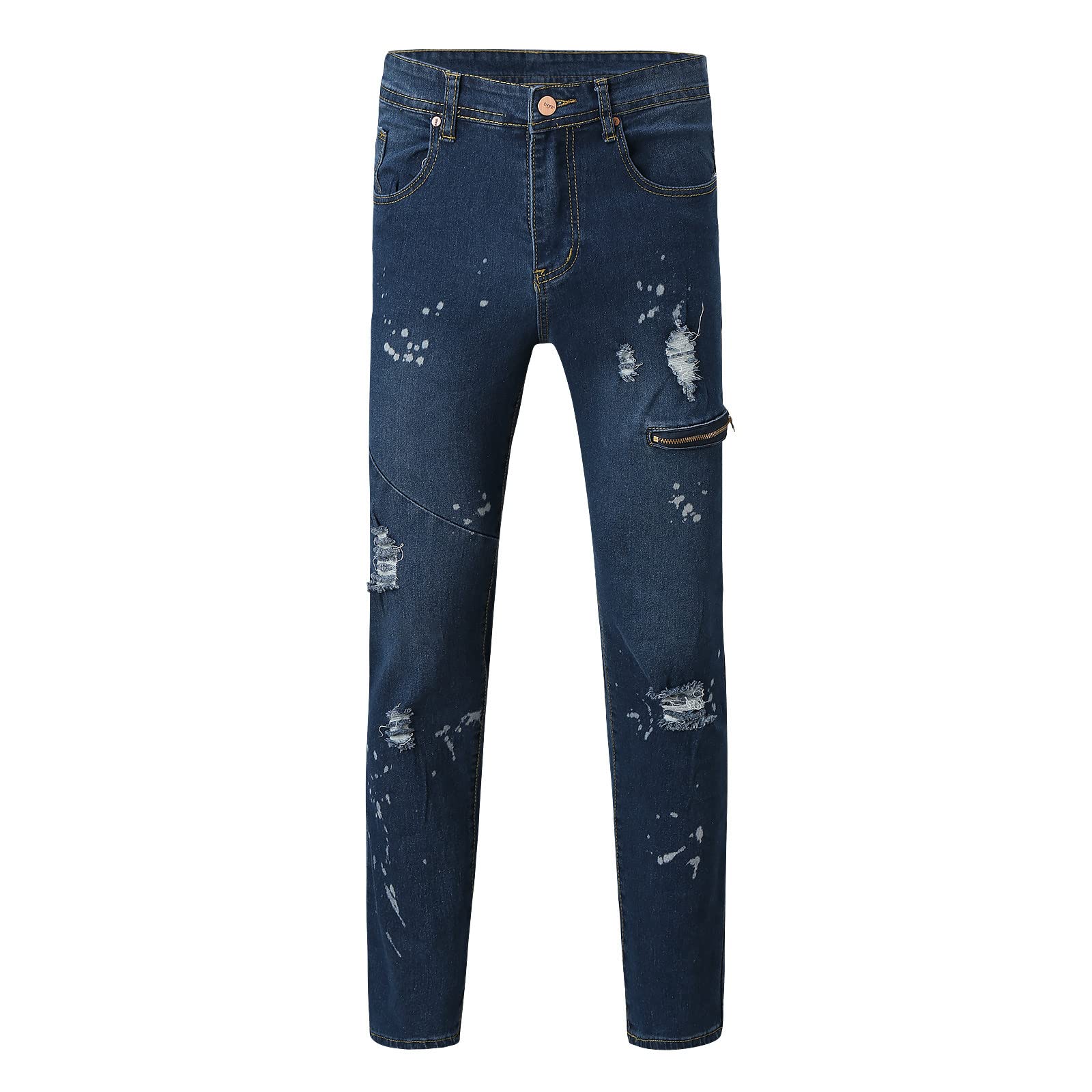 IJKEID Men's Slim Fit Cropped Ripped Jeans - Stretch Denim Pants with Zipper Details for Casual Wear | Autumn Fashion, Work Pants, Street Style Outfits