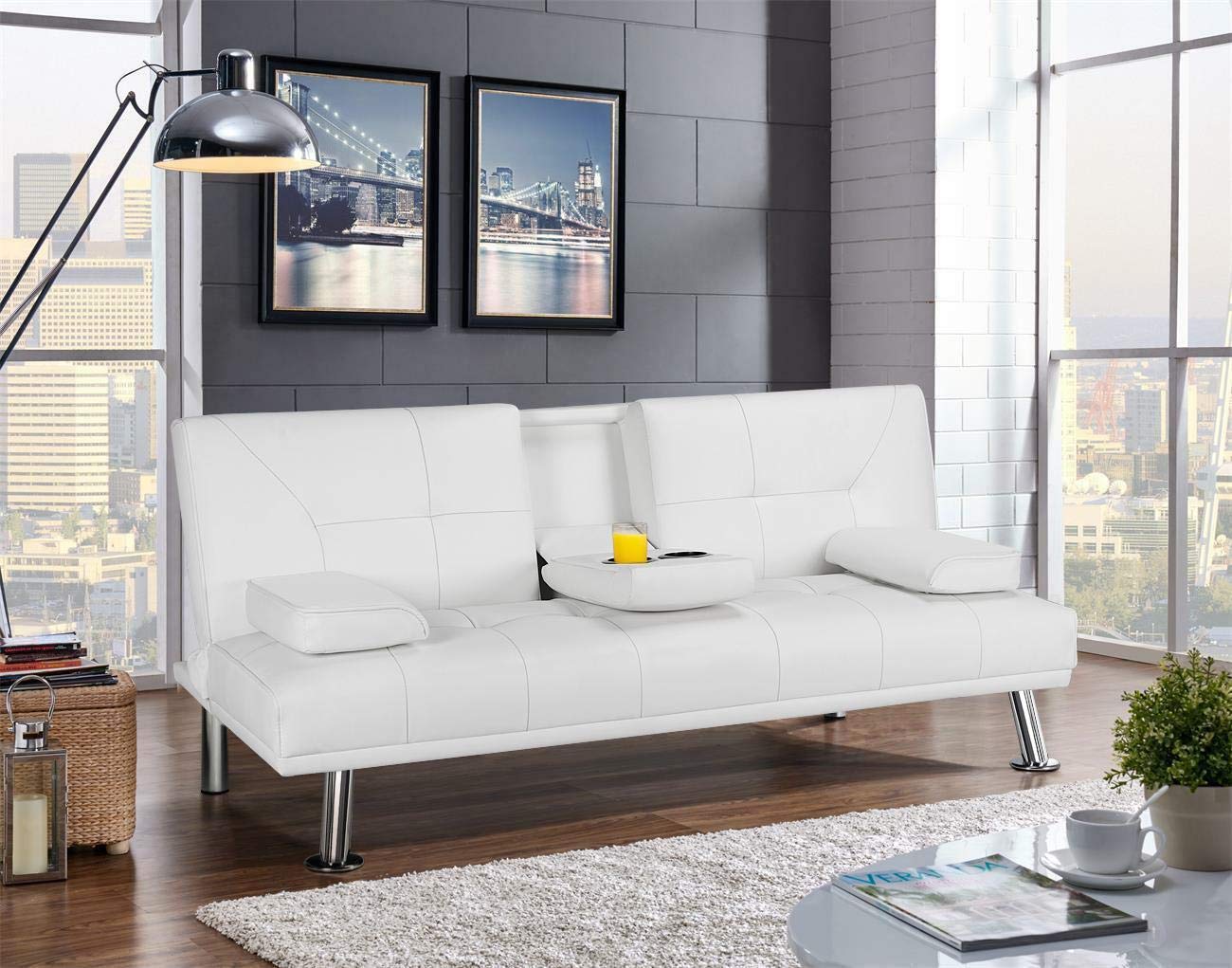 Topeakmart Adjustable Faux Leather Sofa Bed - Modern Convertible Futon Couch with Armrest & Recliner - White Home Furniture for Living Room, Guest Room & Small Spaces