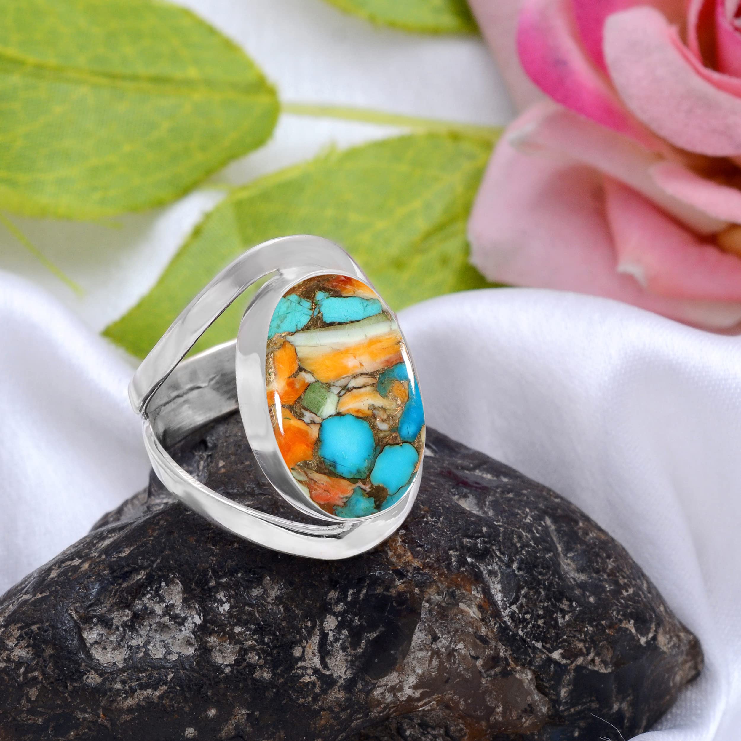 Veracity Jewelry 925 Sterling Silver Oyster Copper Turquoise Rings for Women - Kingman Mojave Mohave Spiny Oyster Healing Meditation Jewelry - Multi Color Turquoise Ring Gift for Mom, Wife, Girlfriend - Perfect for Spiritual Healing, Yoga, Meditation & Everyday Wear - VSR-139