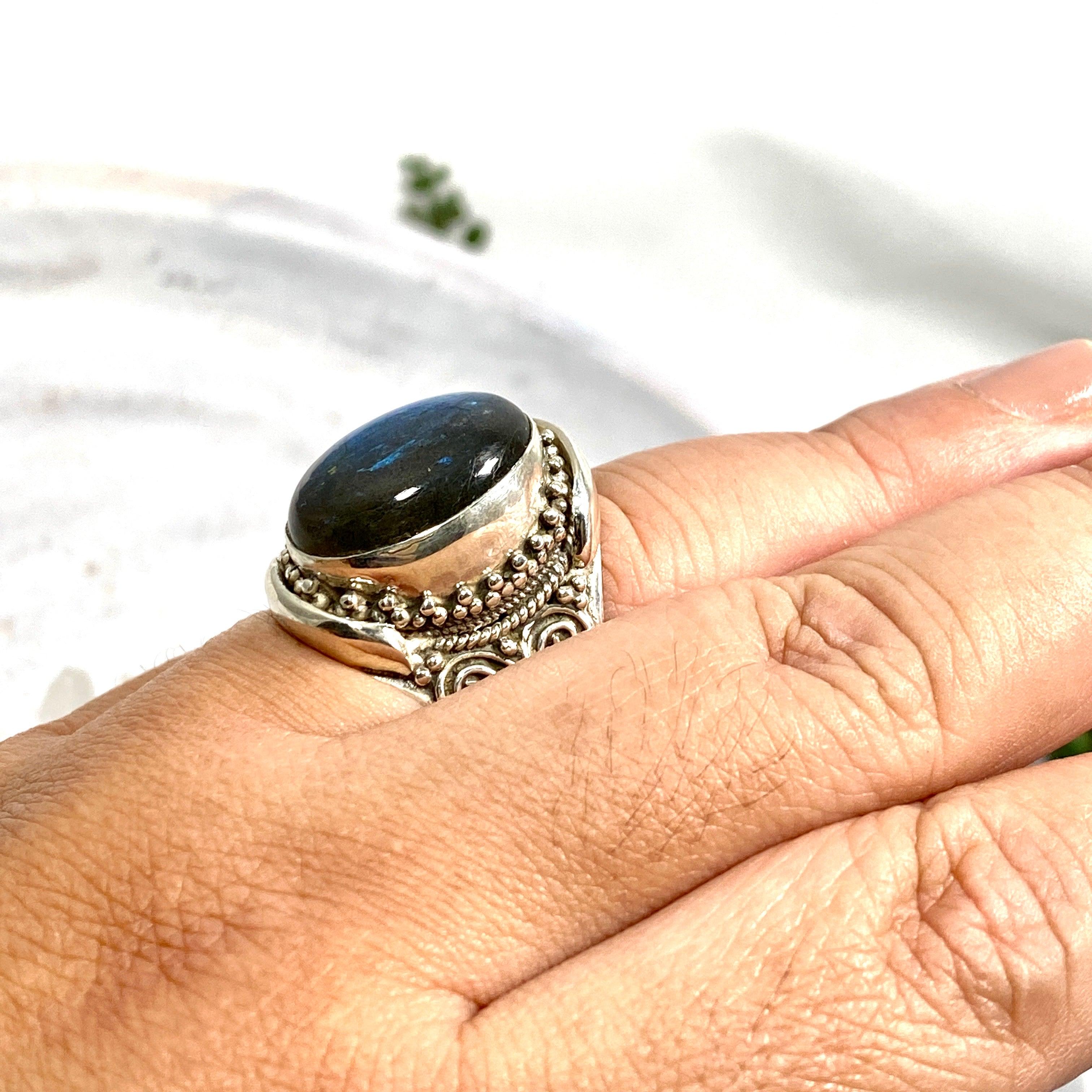 Boho Style Labradorite Oval Ring - Size 11 - Sterling Silver Handmade Jewelry - KRGJ2771 | Perfect for Festival, Wedding & Everyday Boho Fashion