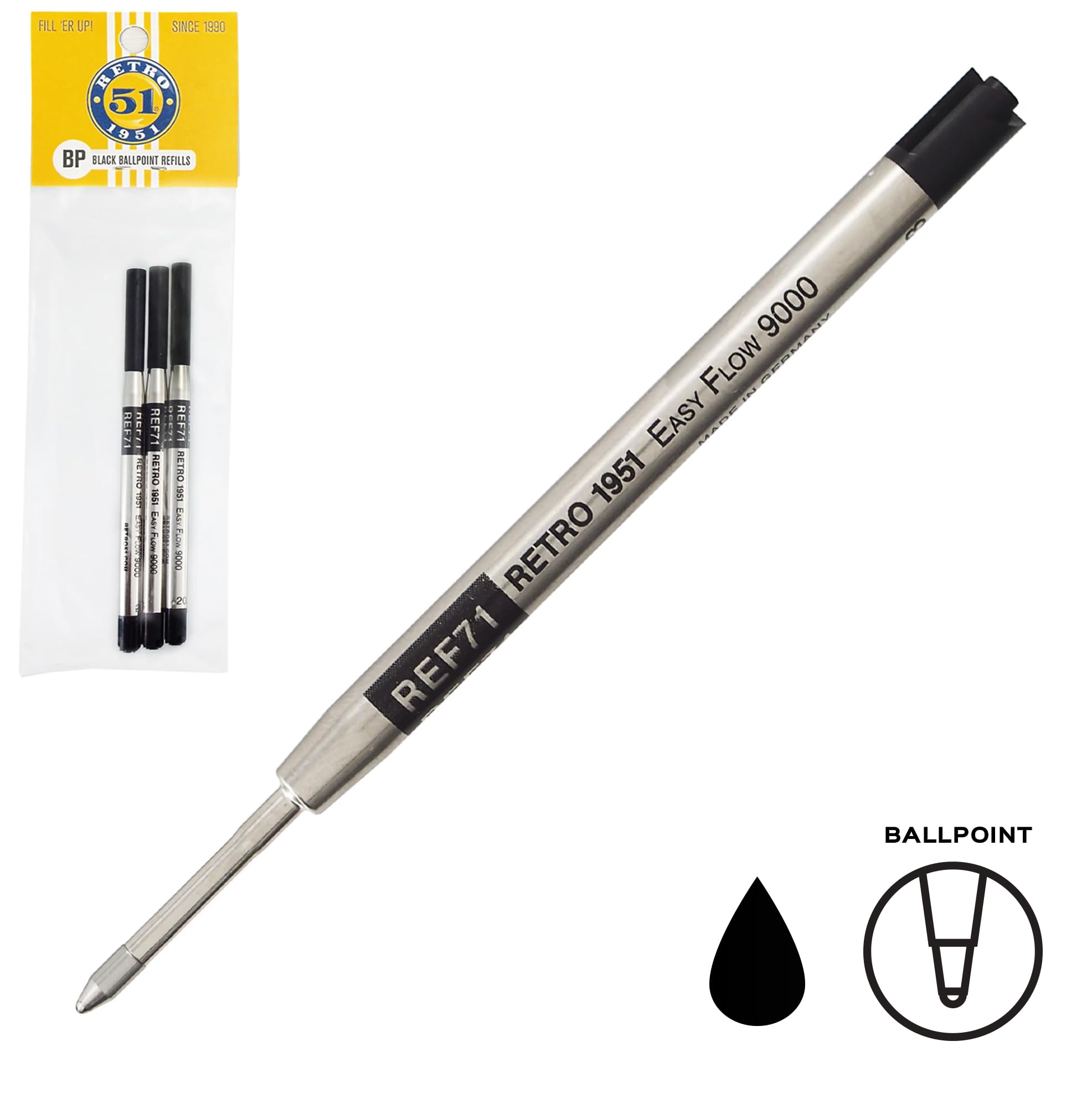 Easy Flow 9000 Ballpoint Refills - Black Ink 3-Pack | German Engineered Smooth Writing | Compatible with Tornado Pens | Perfect for Office, School & Everyday Use