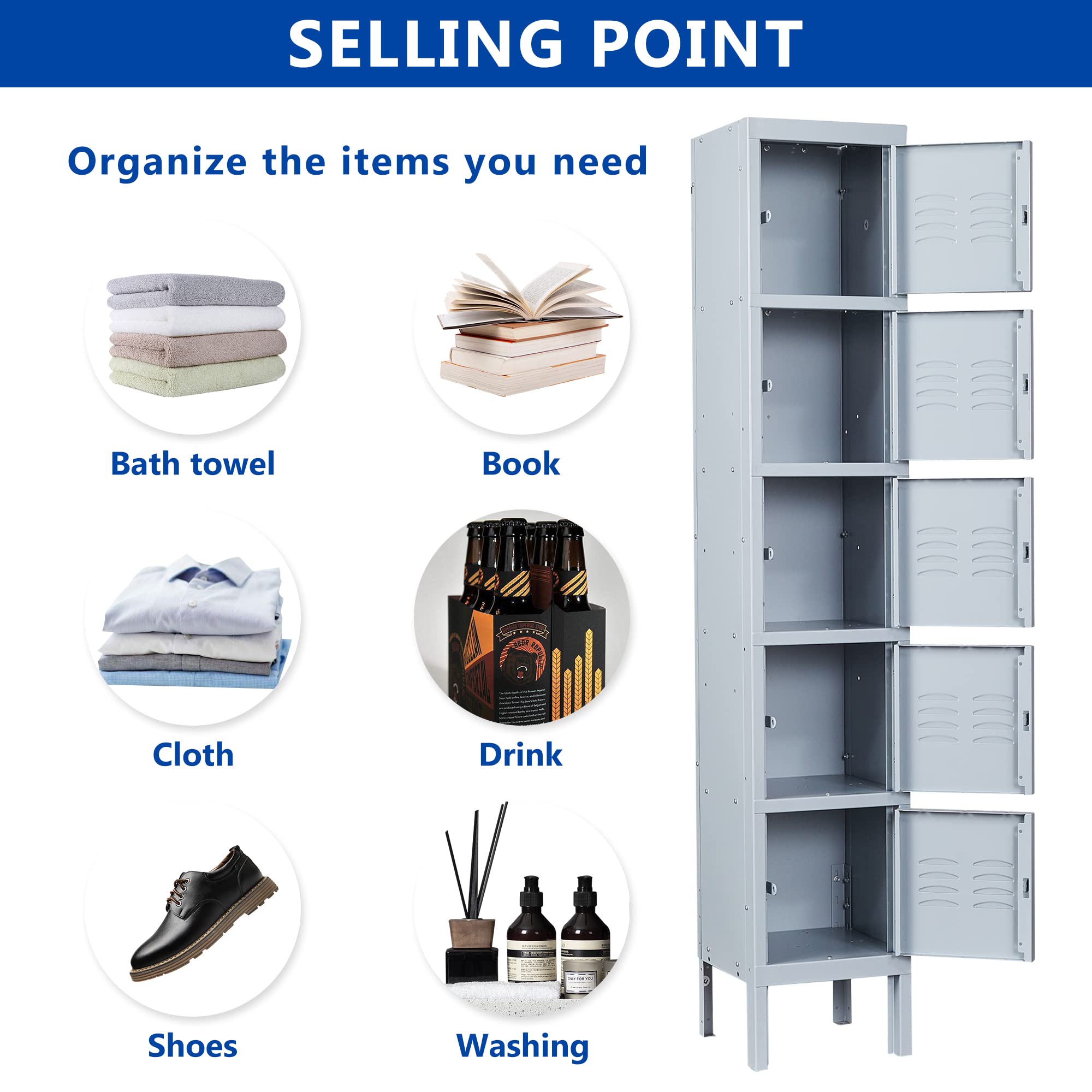 5-Tier Metal Locker with 5 Doors - Heavy Duty Storage Cabinet for School, Gym, Office & Hospital - Space Saving Organization Solution (Gray) - Perfect for Locker Rooms, Workplaces & Storage Areas