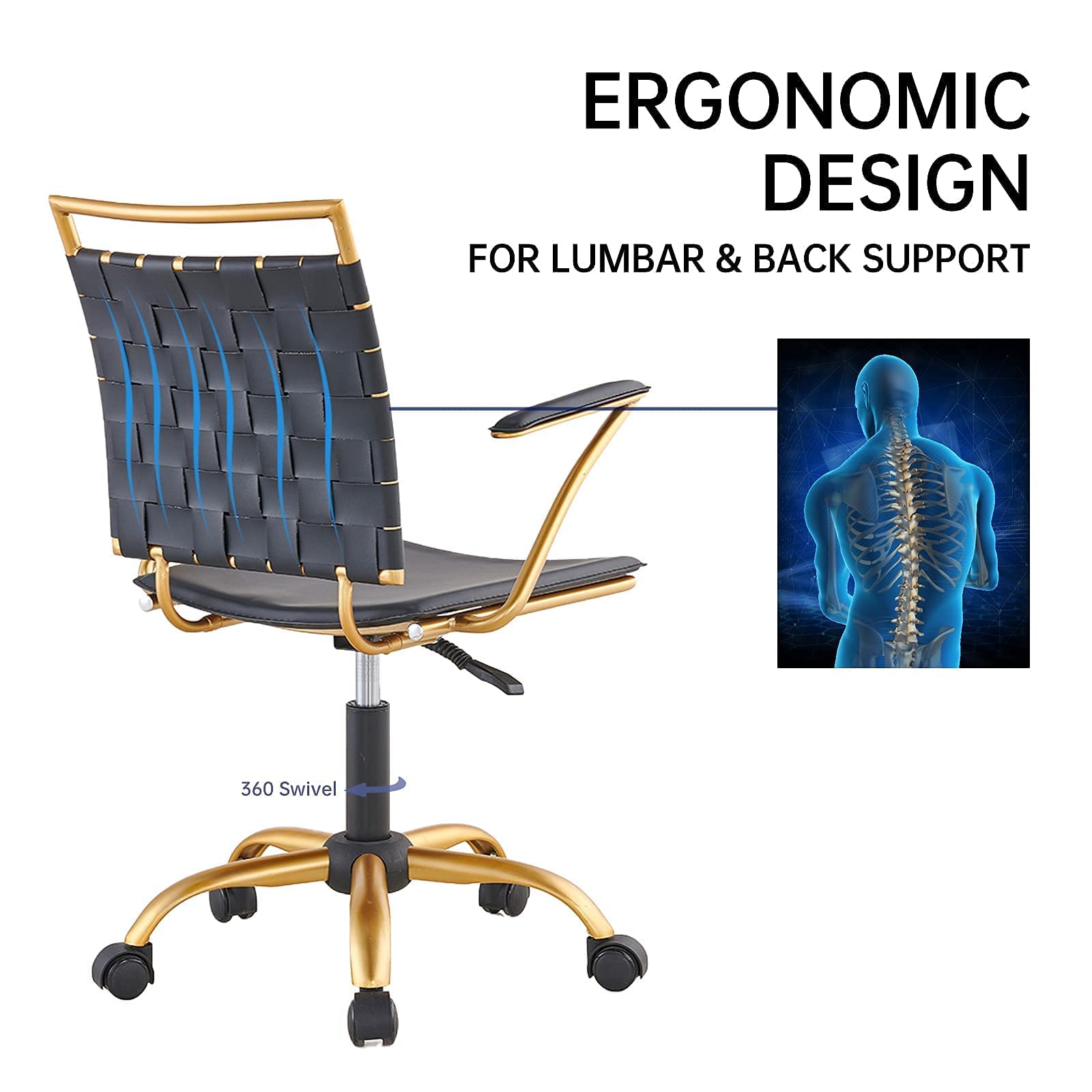 Premium Modern Leather Office Chair - Gold & Black Mid Back Swivel Task Chair with Wheels & Arms - Ergonomic Computer Desk Chair for Home & Conference Room - Comfortable for Long Work Hours (Black)