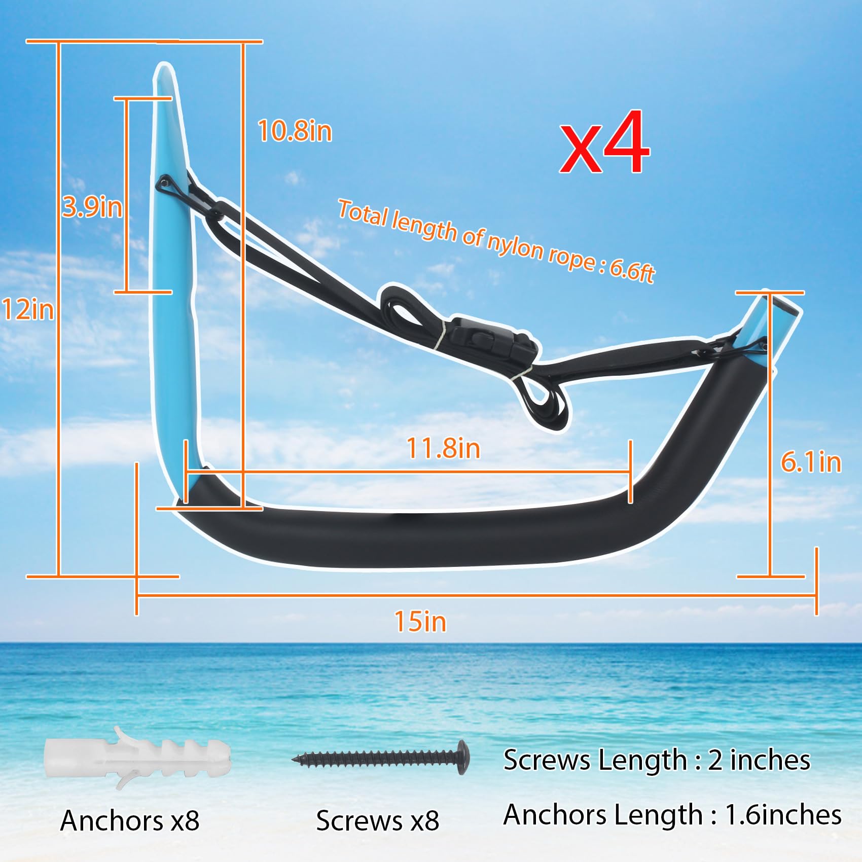 Heavy Duty Kayak Wall Mount Storage Rack - 4 Pack Kayak Hooks with Straps for Garage, 100 LB Capacity - Perfect for Paddle Boards, Surfboards, Bikes, Ladders, SUP & Snowboards - Ideal for Garage, Basement, or Outdoor Storage Organization