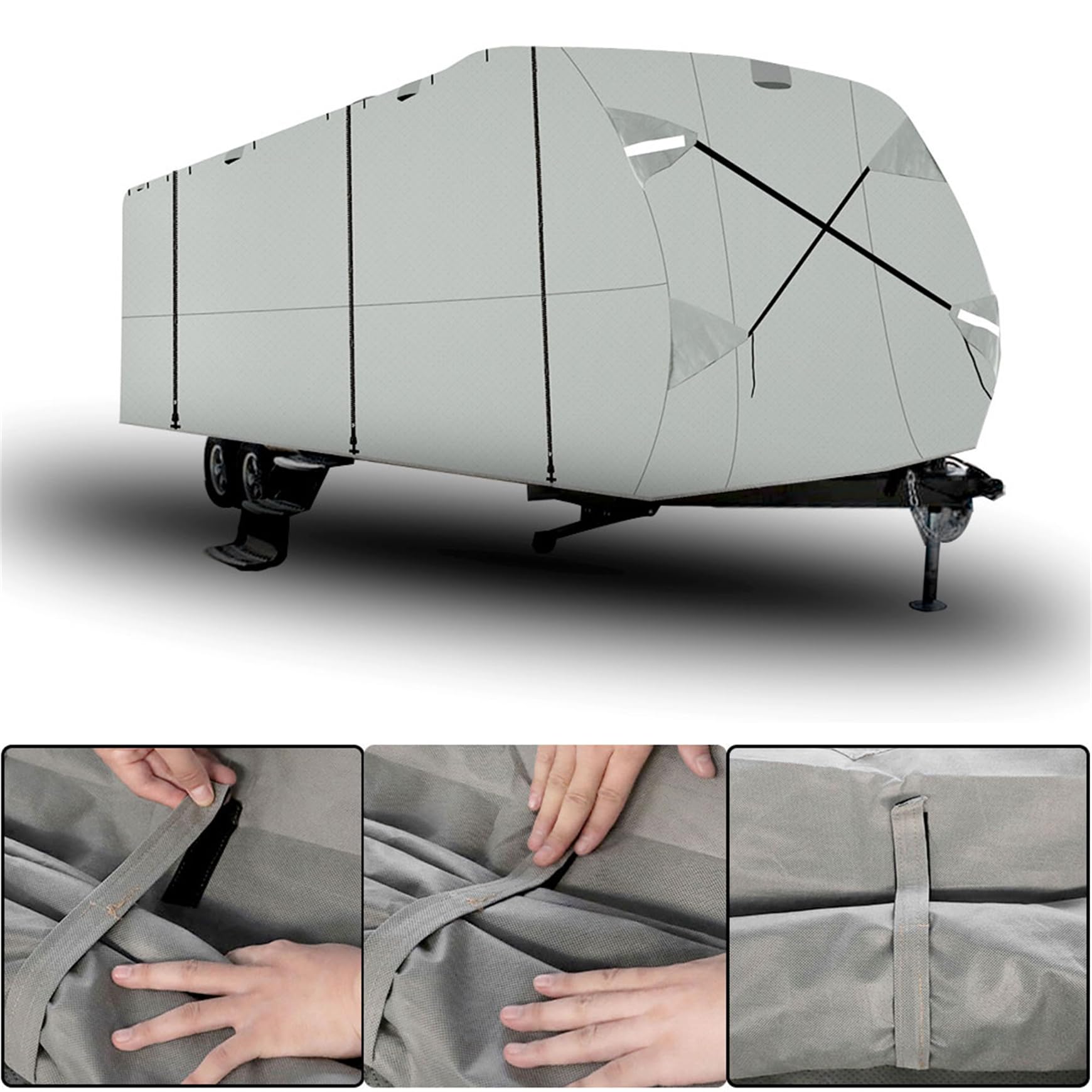 22-24 Foot RV Cover Windproof 4-Layer Thick Waterproof Camper Trailer Cover with Accessories - Heavy Duty Grey Travel Protection for Outdoor Camping & Winter Storage