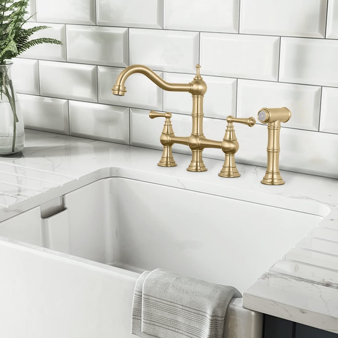 WOWOW Brass 4-Hole Kitchen Faucet with Side Sprayer - 2-Handle 8-Inch Centerset in Heritage Brushed Gold - Perfect for Modern Farmhouse & Vintage Style Kitchen Sinks