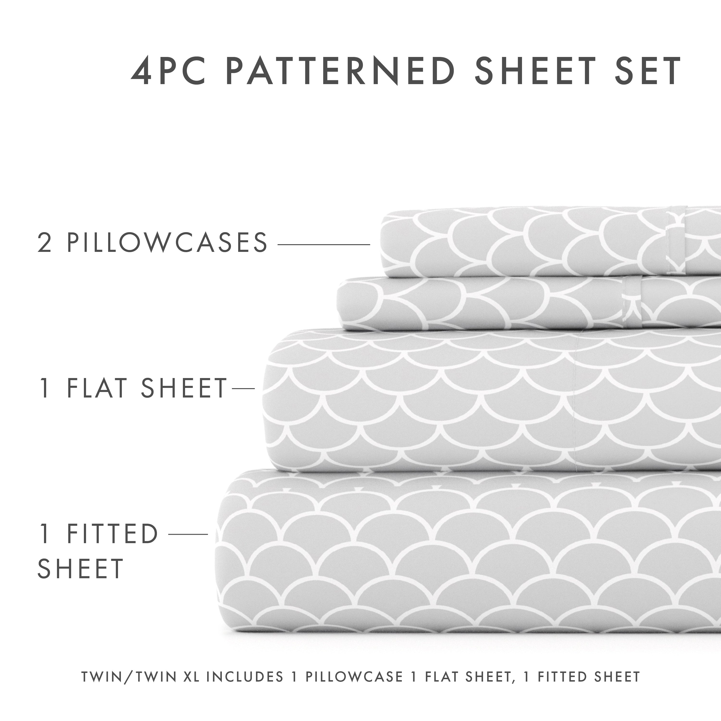 Premium Scallops Pattern 4-Piece Queen Size Bed Sheet Set - Soft Breathable Cotton - Perfect for Guest Rooms, Dorms & Coastal Themed Bedrooms