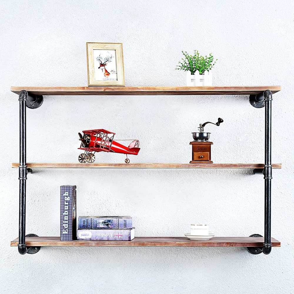 Industrial Pipe Floating Shelves - 3 Tier 42 Inch Wall Mounted Wood & Metal Shelf for Books, Decor & Storage | Rustic Home Office, Living Room & Bedroom Organization