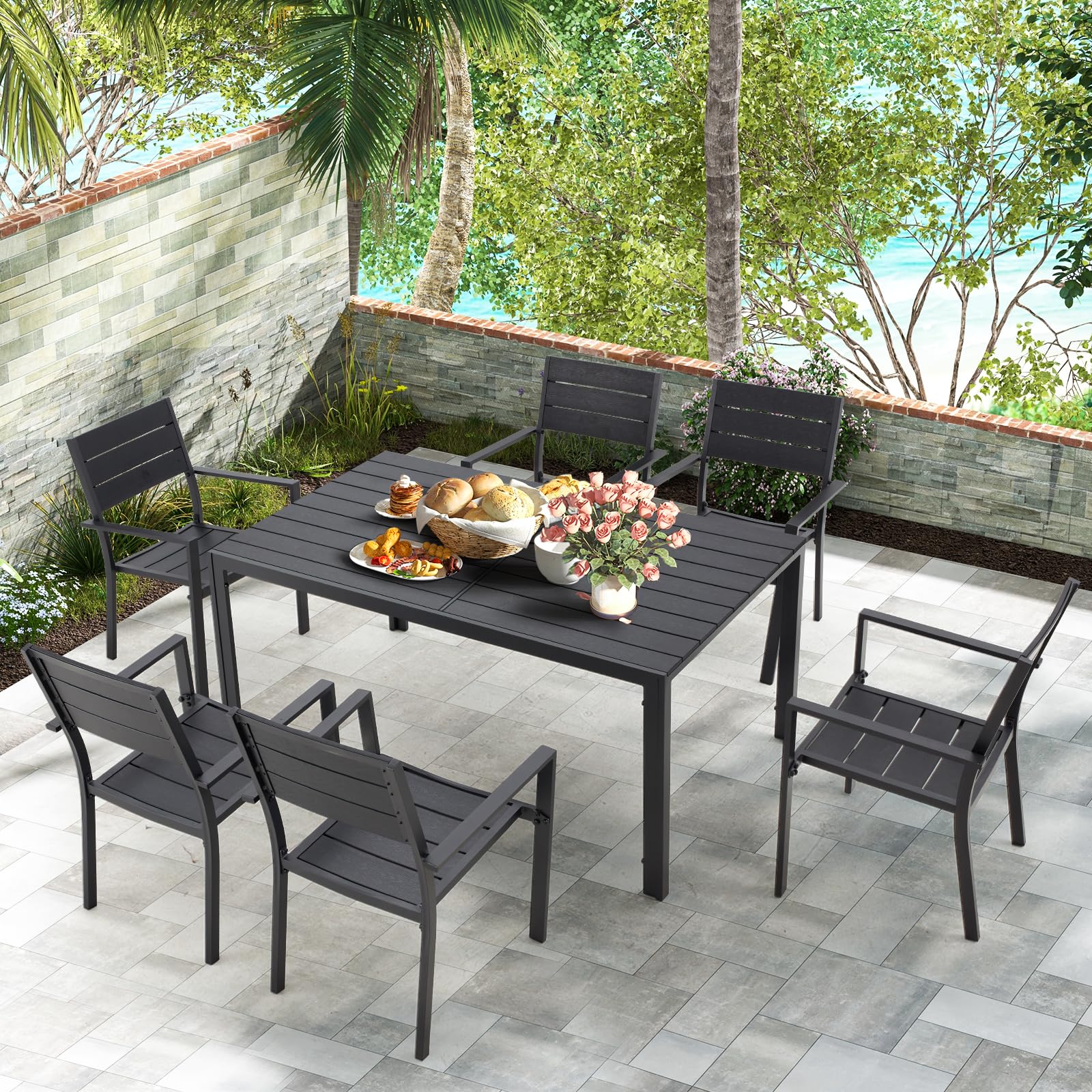 U-MAX 7-Piece Aluminum Outdoor Dining Set - Modern Patio Table and 6 Stackable Chairs for Garden, Backyard, Poolside - Durable Black Aluminum Frame Furniture for Outdoor Entertaining & Relaxation