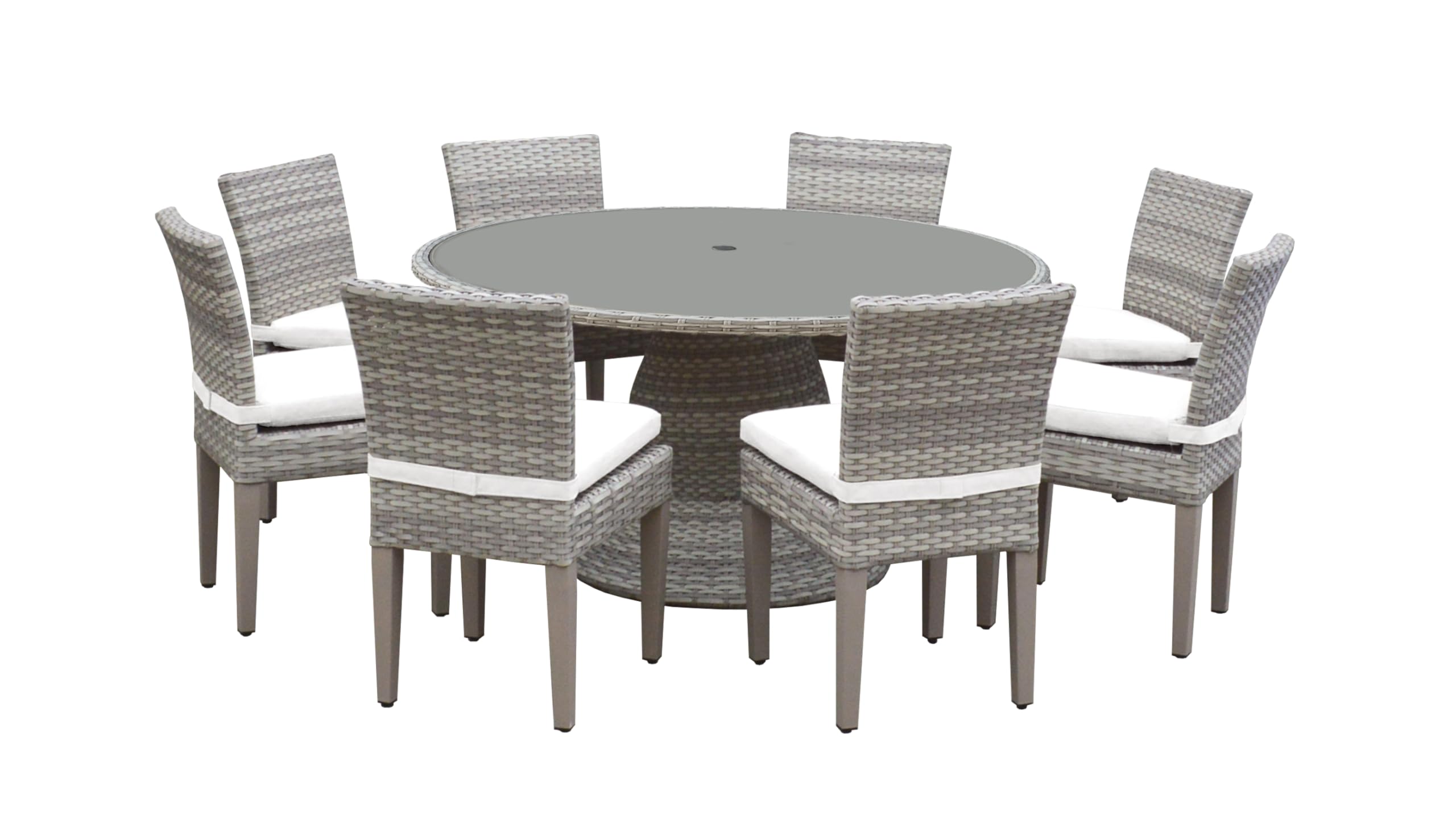 TK Classics Fairmont 9-Piece Round Outdoor Patio Wicker Dining Set with Cushions in White - Perfect for Backyard, Garden, Poolside & Outdoor Entertaining