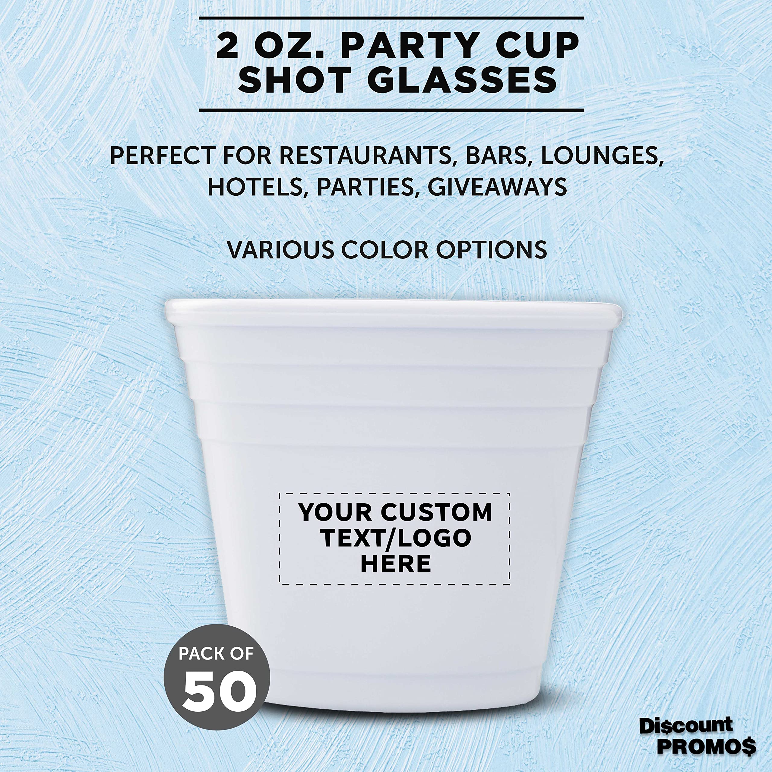 Personalized 2 oz Plastic Shot Glasses Bulk Pack - Set of 50 Custom Party Cups for Birthdays, Weddings & Events - Durable White Drinking Glasses for Indoor/Outdoor Celebrations, Bars and Home Entertaining