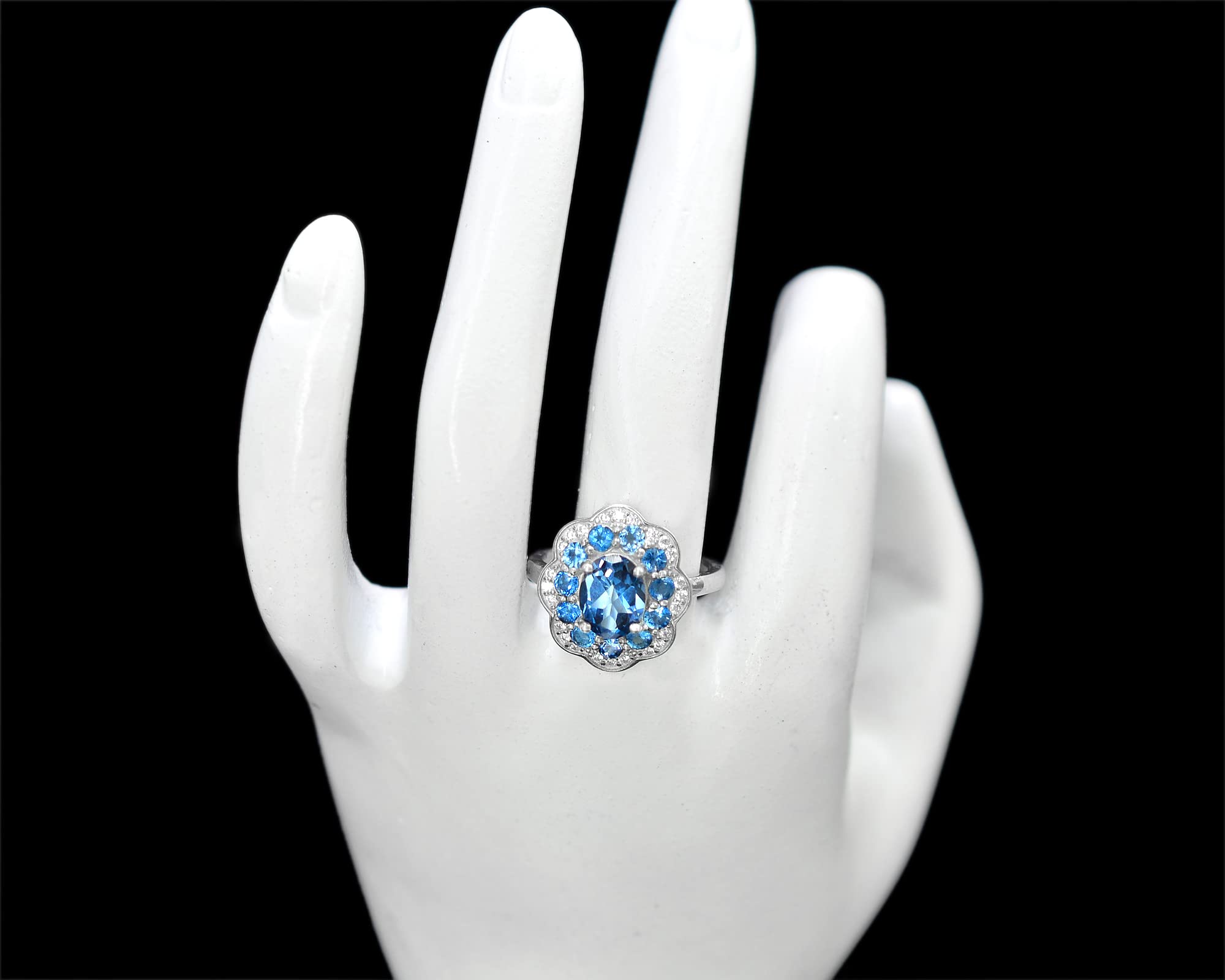 9X7 MM Natural London Blue Topaz Gemstone Ring in 925 Sterling Silver - December Birthstone Jewelry, Unisex Cluster Ring for Proposal, Christmas Gift for Girlfriend, Women's Fashion Accessory for Parties & Special Occasions
