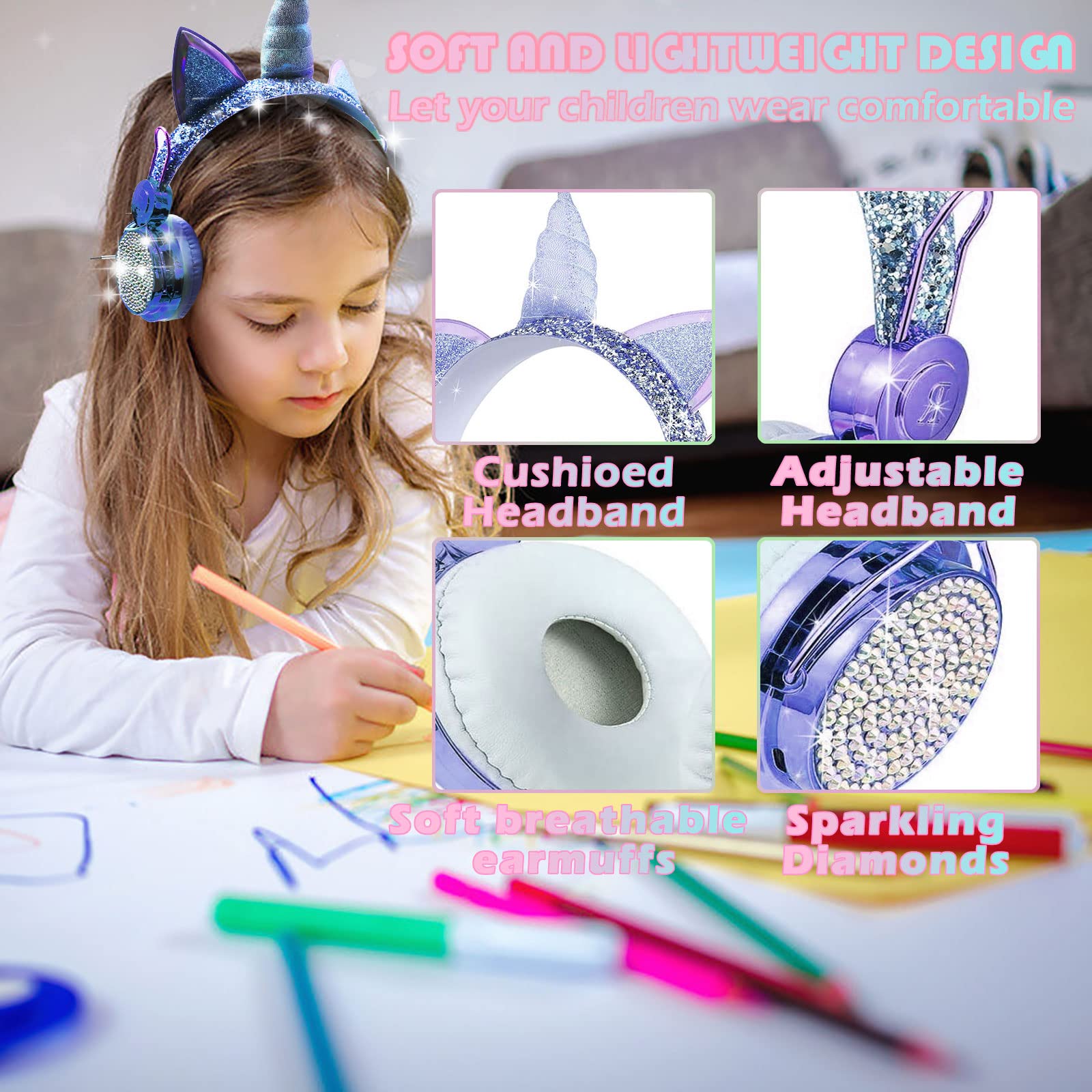 Unicorn Cat Ear Bluetooth 5.0 Wireless Headphones for Kids - Foldable Over-Ear Headset with Mic for iPhone, iPad, Laptop, PC, TV, PS4 & Xbox One - Perfect Gaming Gift for Girls & Teens (Blue) - Ideal for School, Travel & Gaming
