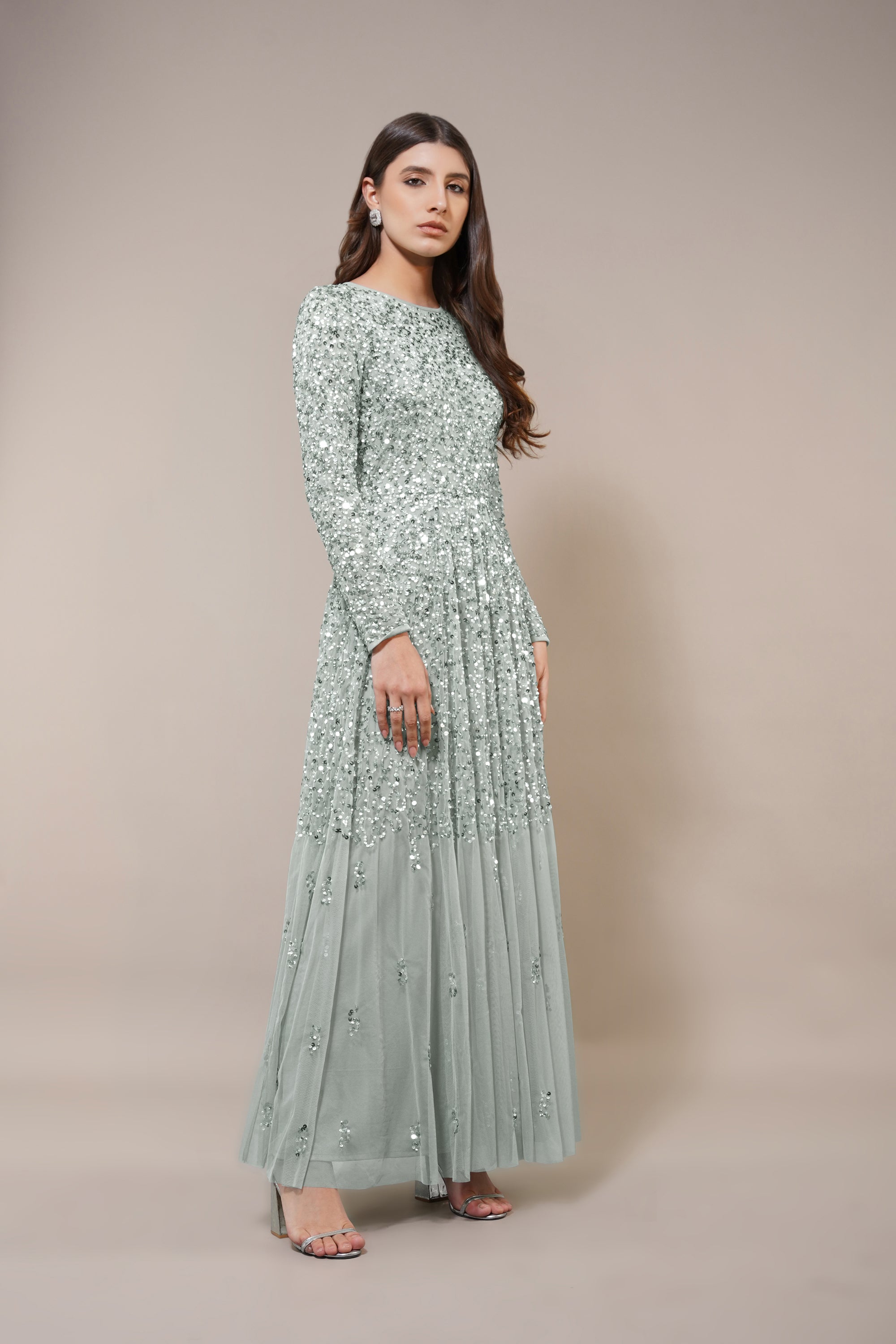Elegant Sage Green Long Sleeve Embellished Maxi Dress for Women | Boho Chic Evening Gown with Floral Details | Perfect for Weddings, Parties & Special Occasions
