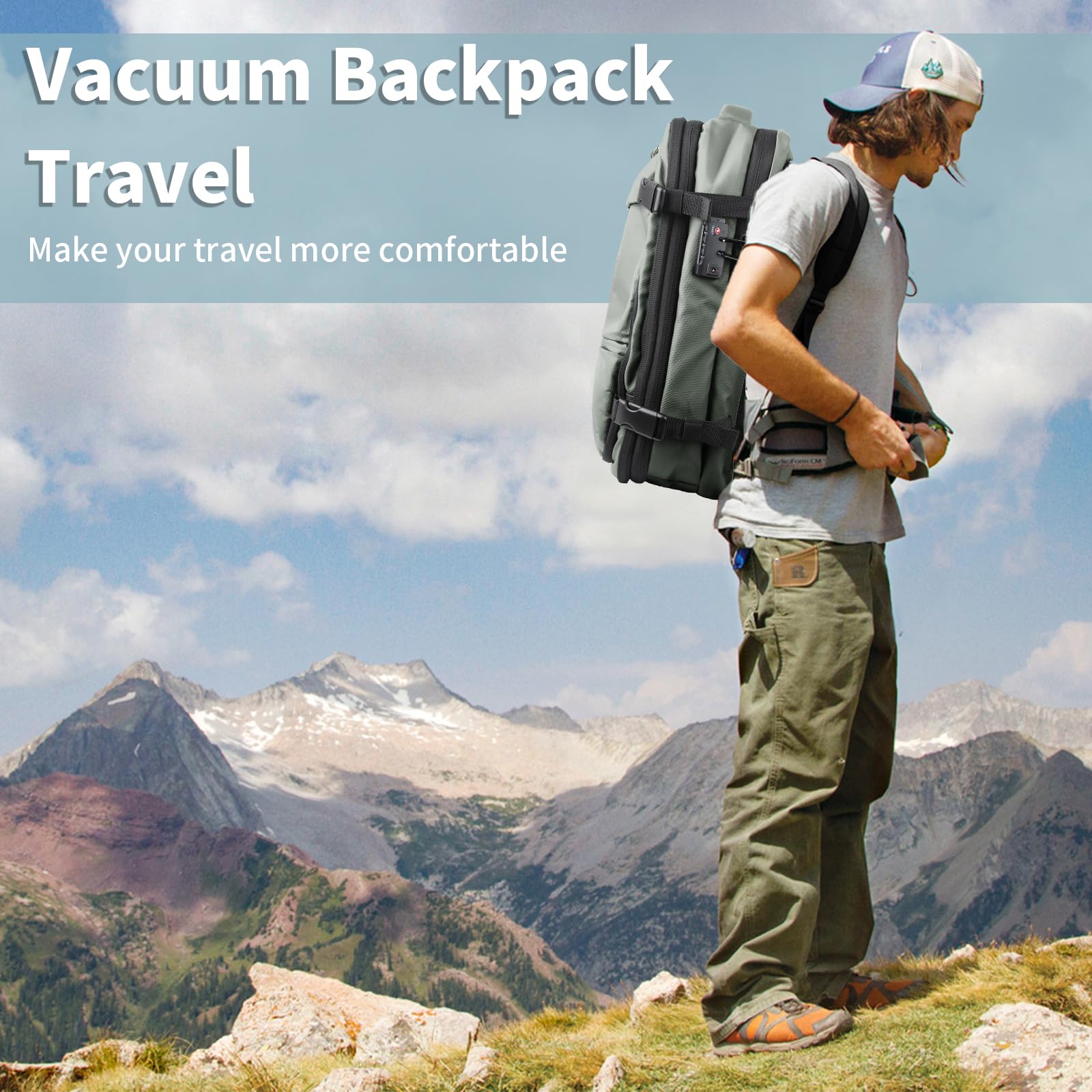 Expandable 60L Vacuum Travel Backpack with Pump - Army Green for Outdoor Adventures