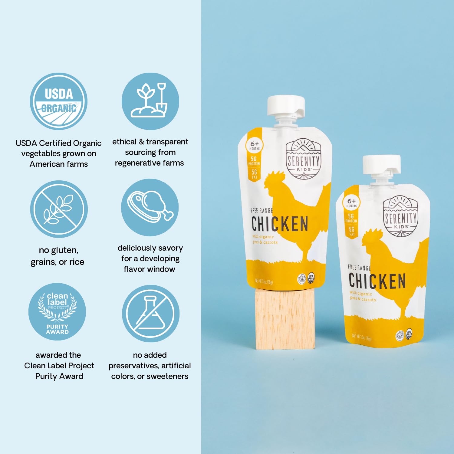 Organic Chicken & Veggie Baby Food Pouches for 6+ Months - Serenity Kids 3.5oz BPA-Free Puree with Free Range Chicken, Peas & Carrots - Ethically Sourced Meat & Organic Vegetables - 6 Pack - Perfect for On-the-Go Feeding & Healthy Infant Nutrition
