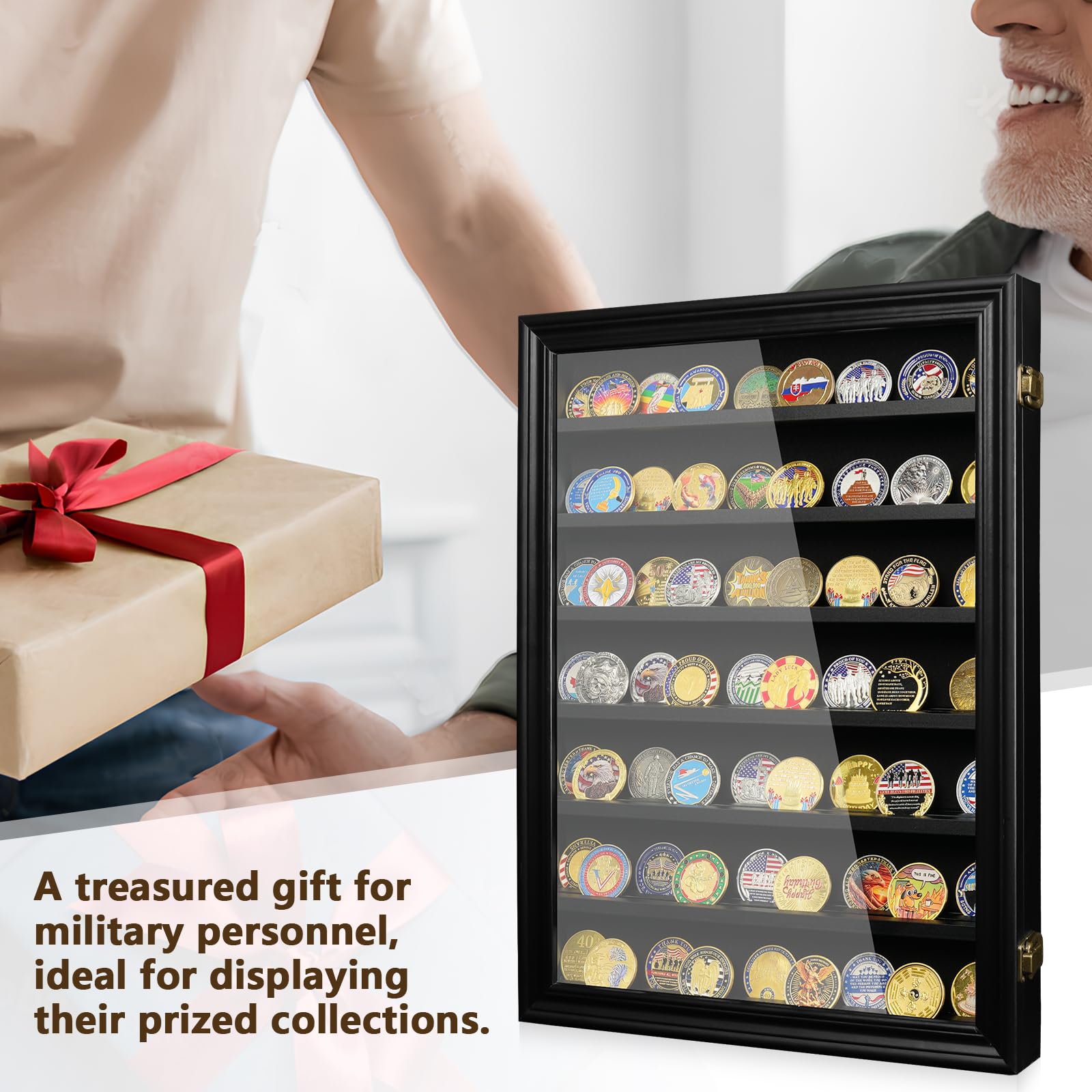 7 Rows Military Challenge Coin Holder Wall Display Case with HD Tempered Glass – Holds 100 Coins, Medal Display Cabinet Rack Shadow Box with Removable 2-Groove Shelves for Casino Poker Chips, Black - Perfect for Home, Office, Military Barracks, and Collectors' Showcase