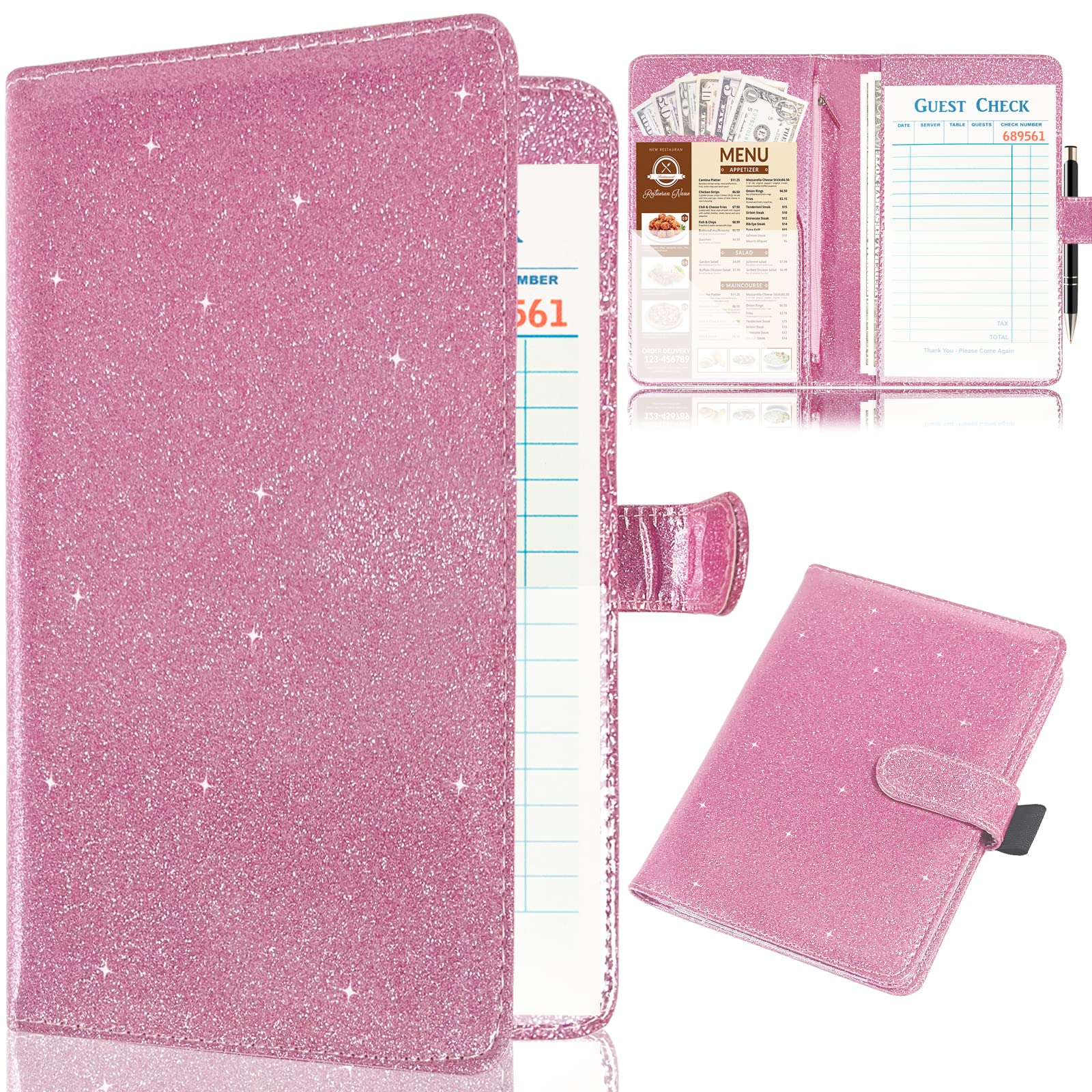 Leather Waiter Book Organizer with Zipper Pocket - Bling Waitress Money Wallet & Pen Holder - Restaurant Server Book for Waitress - Glitter Pink - Perfect for Restaurant Staff, Waiters, and Hospitality Professionals