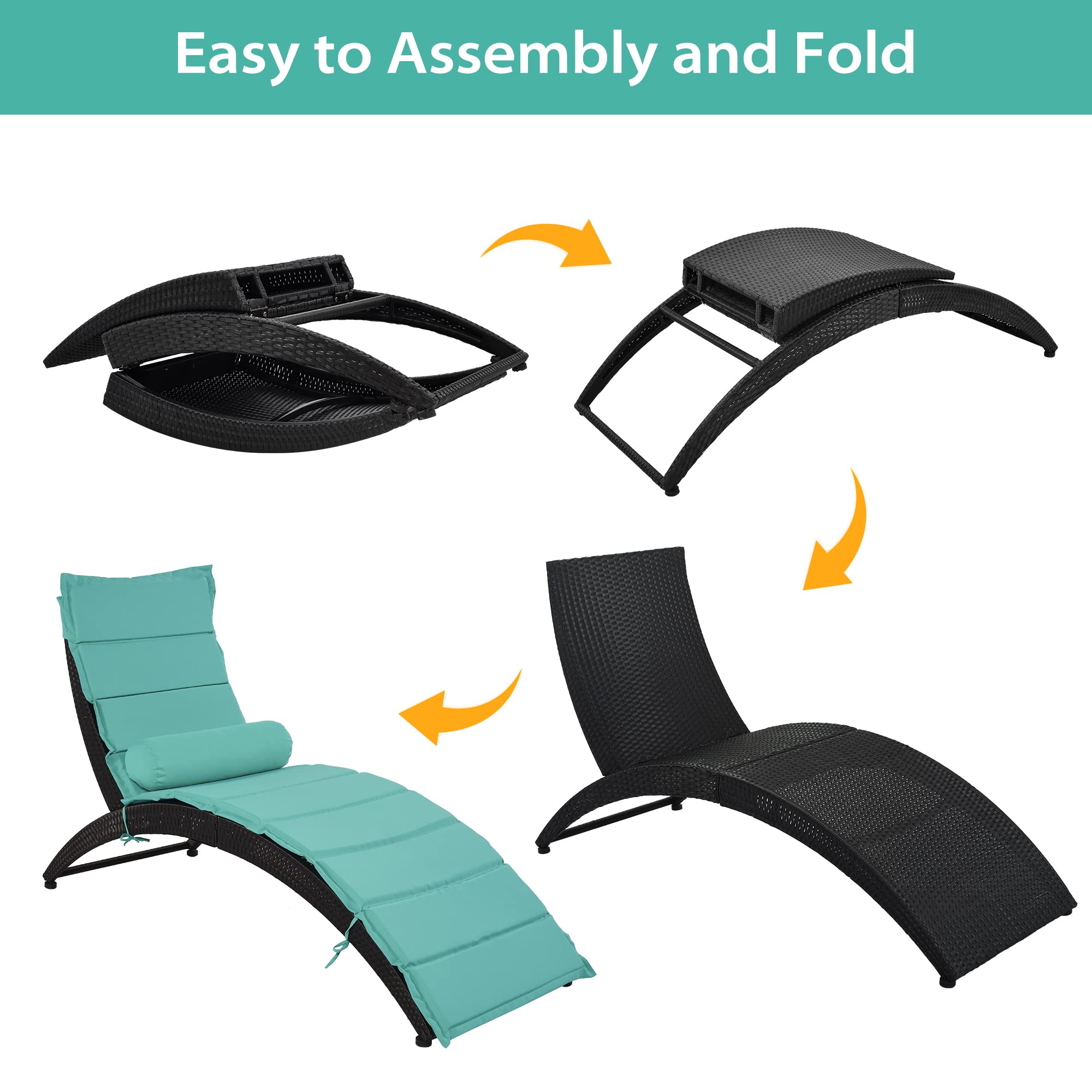 Foldable PE Rattan Sun Lounger Chair with Removable Cushion & Bolster Pillow - Outdoor Patio Furniture for Backyard, Garden, Poolside, or Balcony - Wicker Chaise Lounge in Black & Turquoise for Ultimate Relaxation