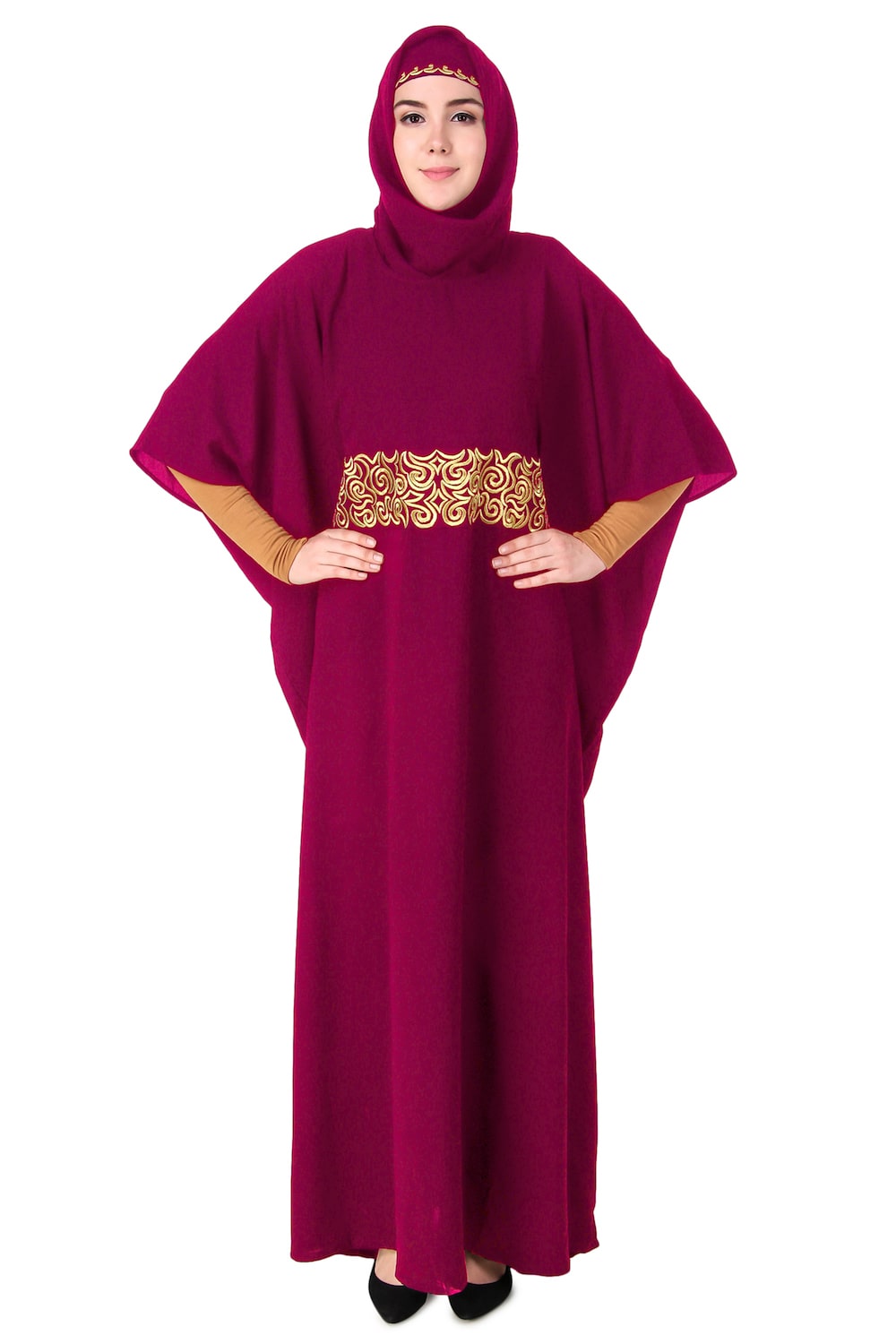 Handmade Gold Embroidered Waist Accent Kaftan Dress - Elegant Beach Cover Up & Boho Chic Homewear for Women