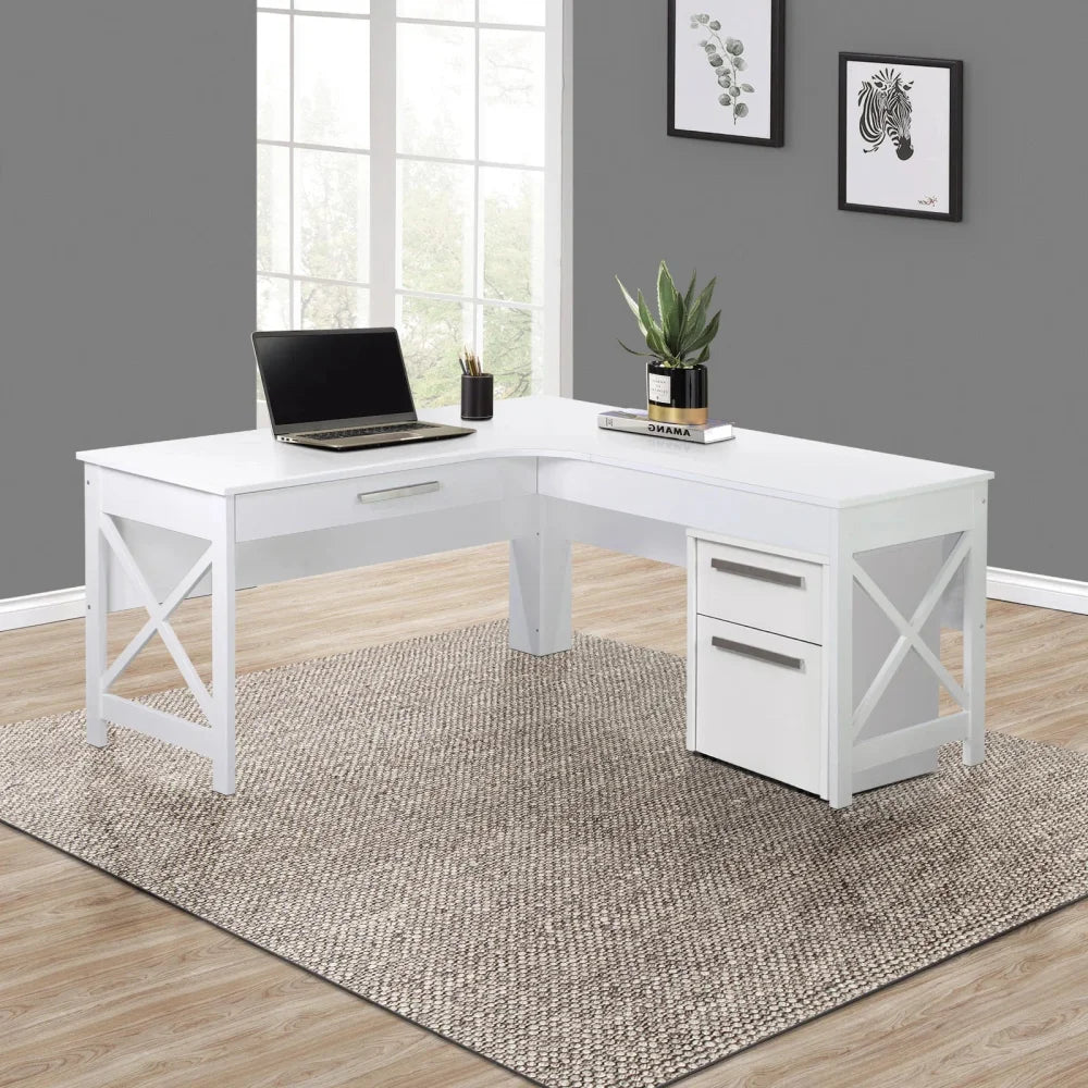 Andy L-Shaped Office Computer Desk with Mobile Pedestal - Executive Workstation in Distressed White Finish | Perfect for Home Office, Gaming Setup & Small Workspaces