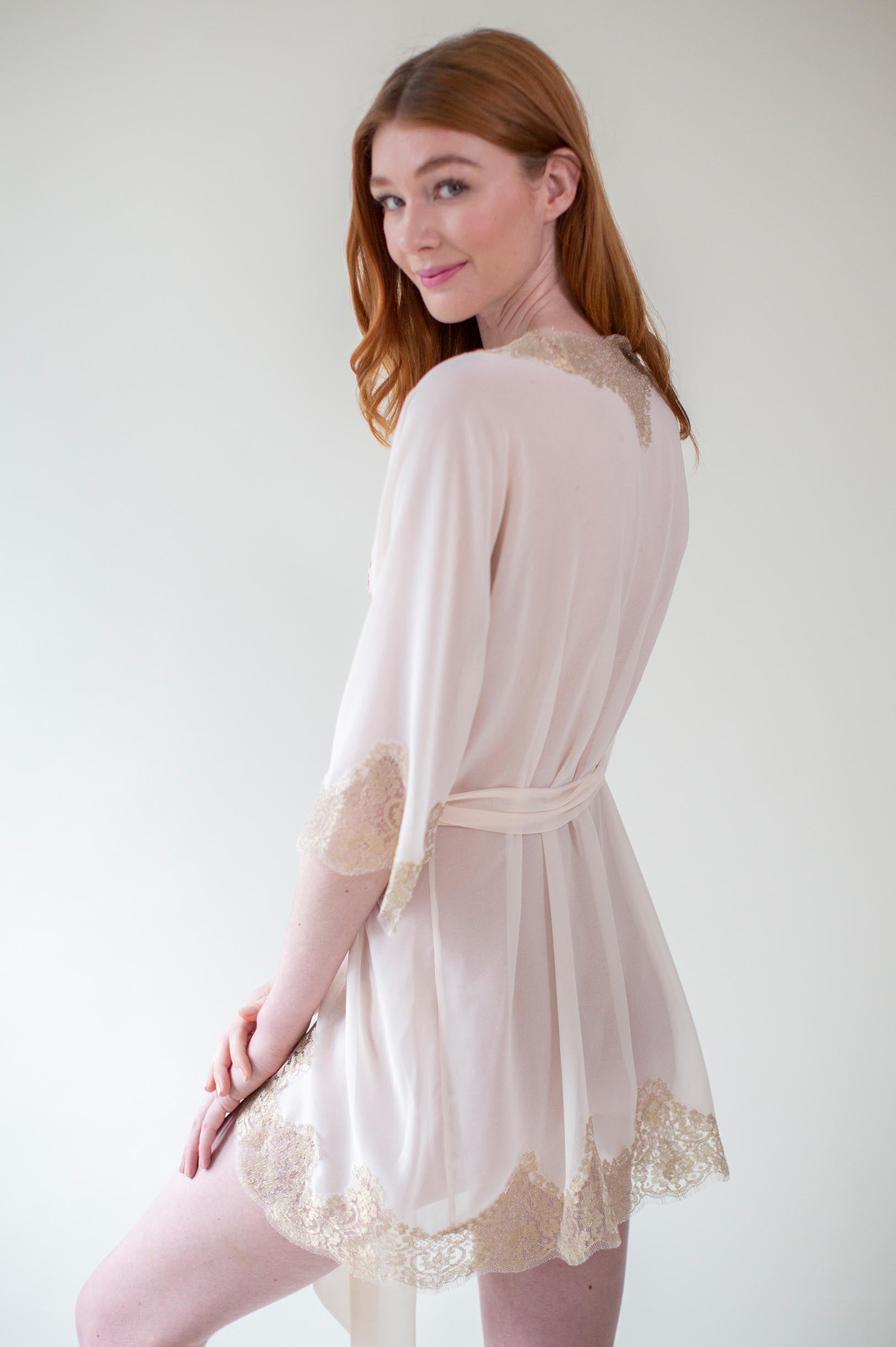 Olivia French Lace Robe in Rose Gold - Elegant Bridal Nightgown, Wedding Lingerie & Boudoir Photoshoot Dress