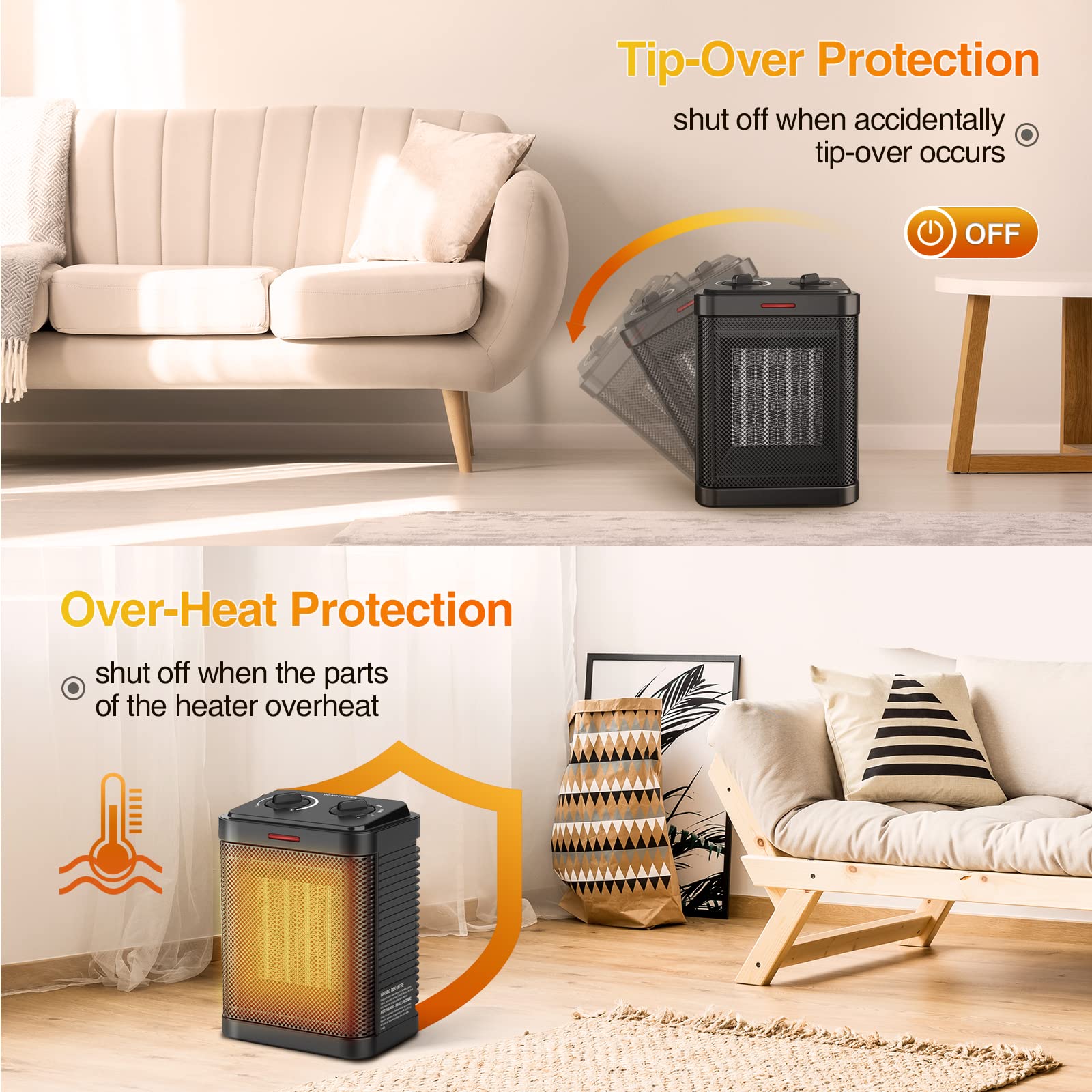 1500W PTC Ceramic Space Heater with Thermostat - 2S Rapid Heating, 3 Modes, Quiet & Safe Electric Heater for Bedroom, Office, Indoor Use - Portable Small Heater with Safety Protection for Home & Workspace